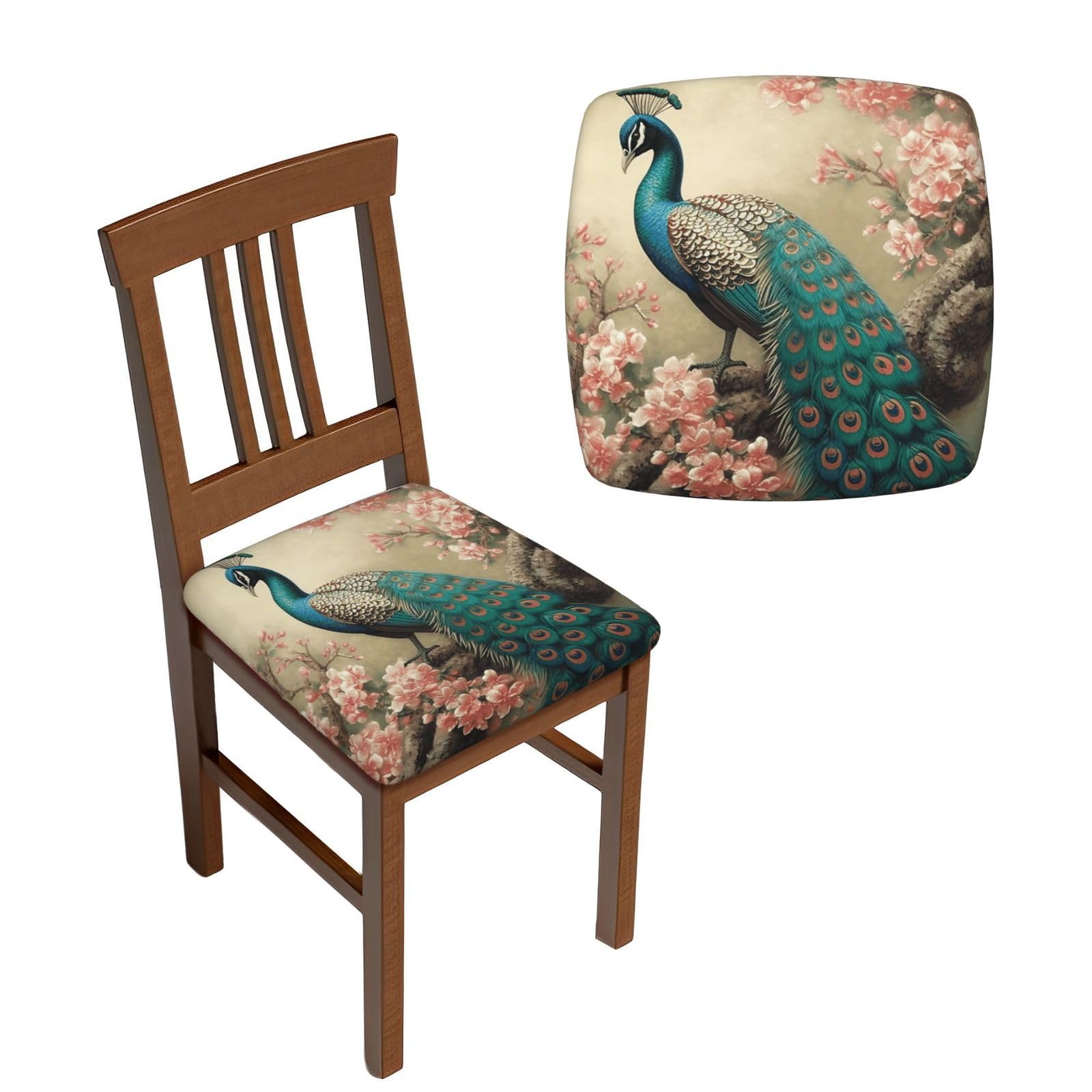 NONHAI 4PCS Dining Chair Seat Covers Set Oriental Peacock Stretch Removable Chairs Covers Washable Seat Cushion Slipcovers Protector for Dining Room Kitchen Chairs