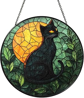 Stained Glass Black Cat Monstera Window Decor, Botanical Style Art, Gift for Plant Lovers