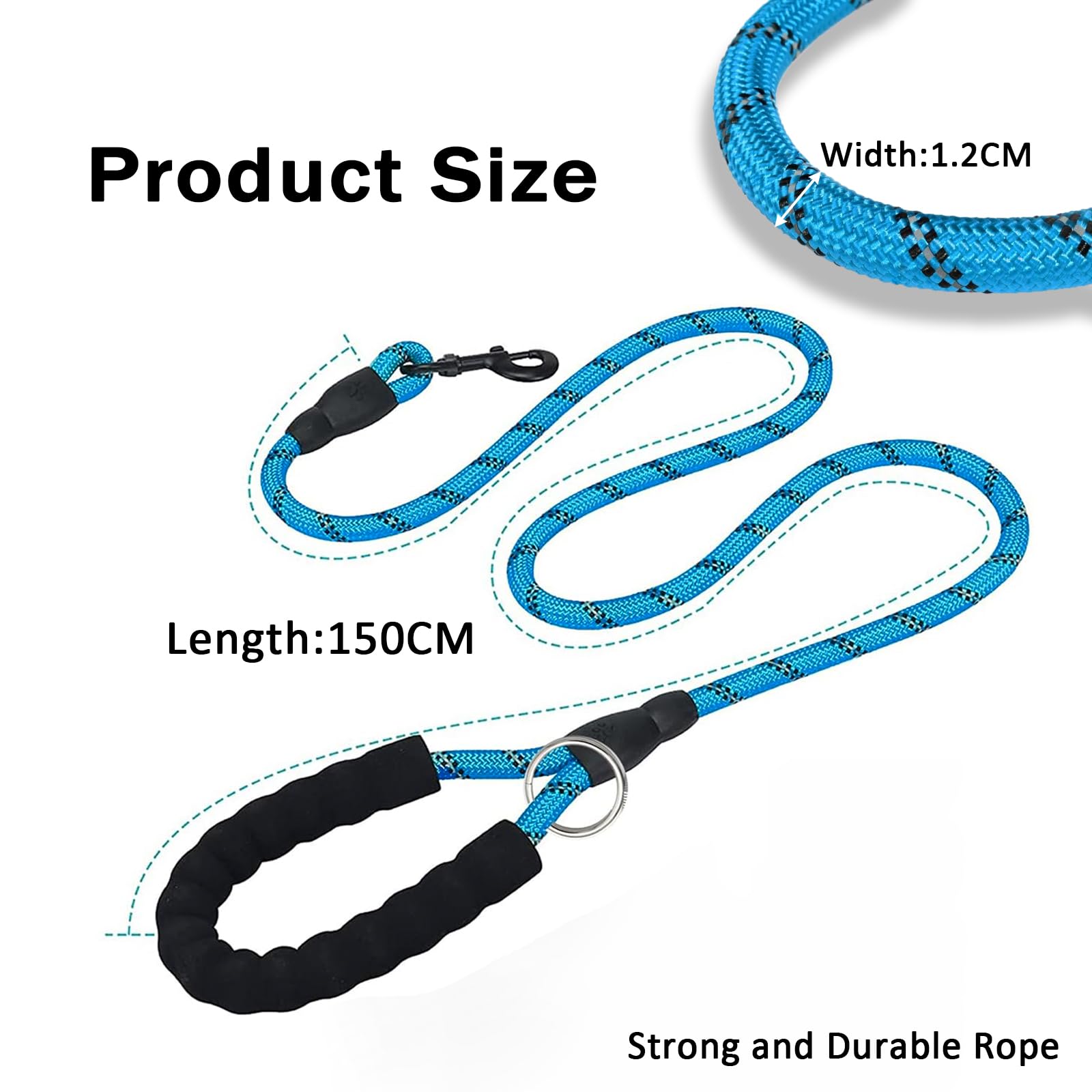 Heavy Duty Dog Lead for Medium/Large Dogs, Durable Rope Leash with Ergonomic Padded Handle & Reflective Safety Stripe (Blue - Image 2