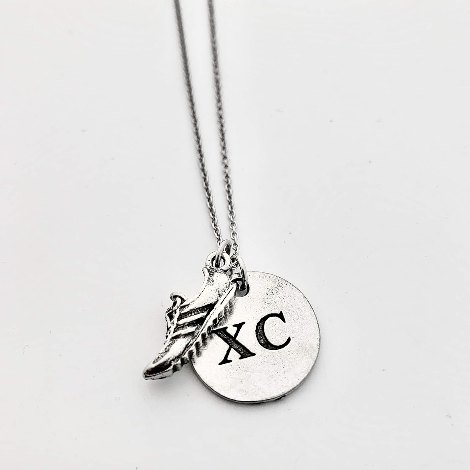 RUN XC Pewter Necklace - Pewter Running Shoe Charm and Pewter Round XC Charm on 18 inch Stainless Steel Chain - Image 2