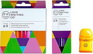 Love Writing Co Better Writing Pack 2| Age 6-9 Years| Writing Practice Set Includes 5 Kids Writing Pencils, 12 Erasable Colour Pencils and Eraser/Sharpener| Improve writing ability and pencil control