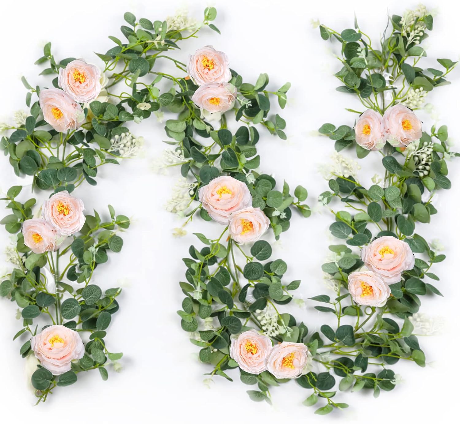 Miracliy 2 Pack Eucalyptus Garland with Blush Pink Rose, Greenery Garland Bulk Artificial Silk Floral Eucalyptus Leaves Vines for Wedding Party Table Mantle Wall Home Room Decor.