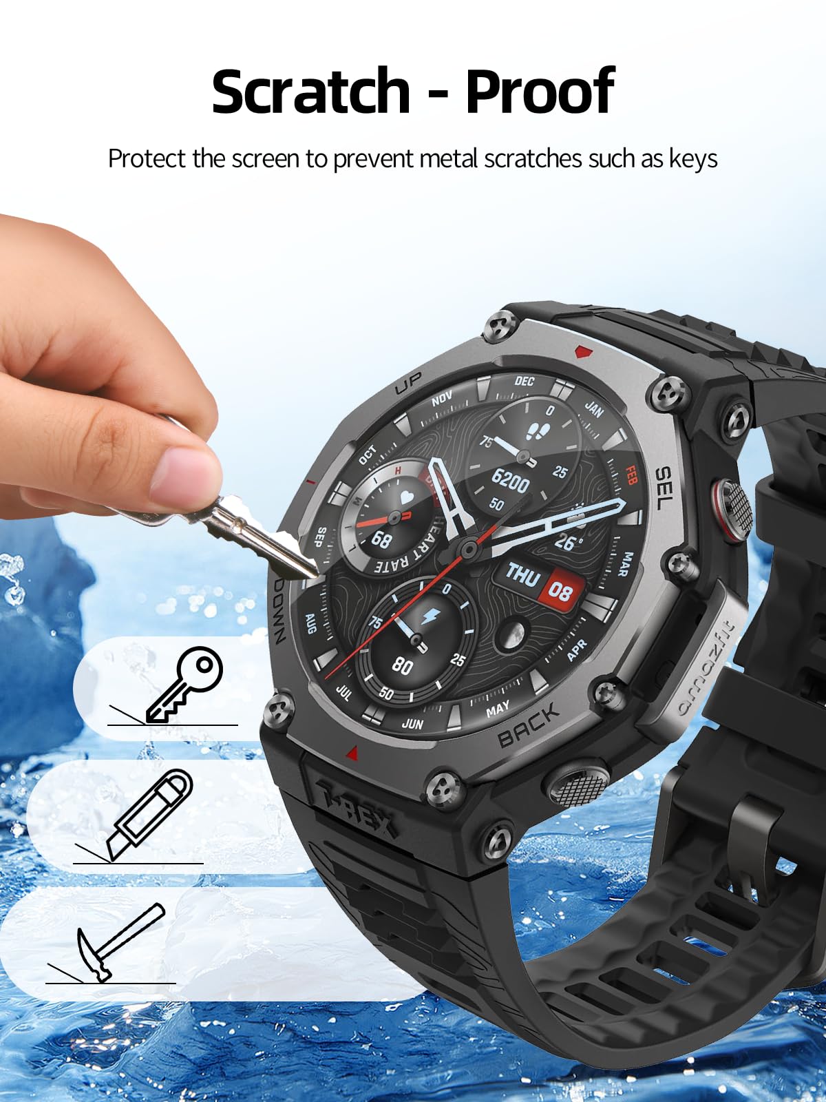 BOVUGAC Folia ochronna ze szkła hartowanego do Amazfit T-Rex 3, kompatybilna z Amazfit T-Rex-3 48 mm, Smartwatch, odporna na zarysowania, odporna na upadki, 3 sztuki w opakowaniu