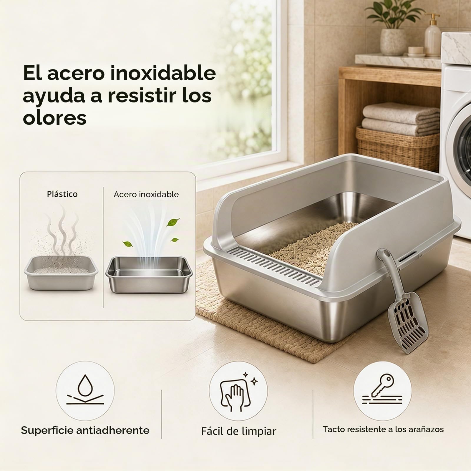 Juego de 2 Cajas de Arena para Gatos de Acero Inoxidable, con Borde Alto, 60 x 40 x 20 cm, Pala para areneros (Large)