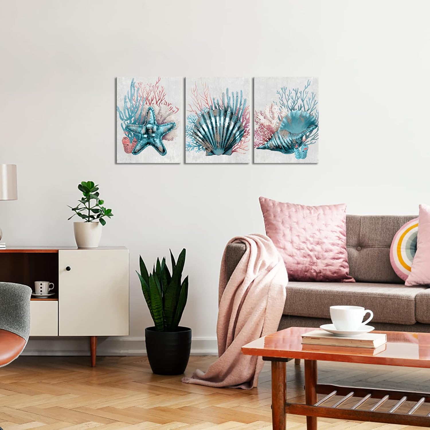 RyounoArt Coral Art Wall Decor Beach Sea Shell Pictures Prints on Canvas Teal and Coral Bathroom Decor Framed 12 * 16 inch each