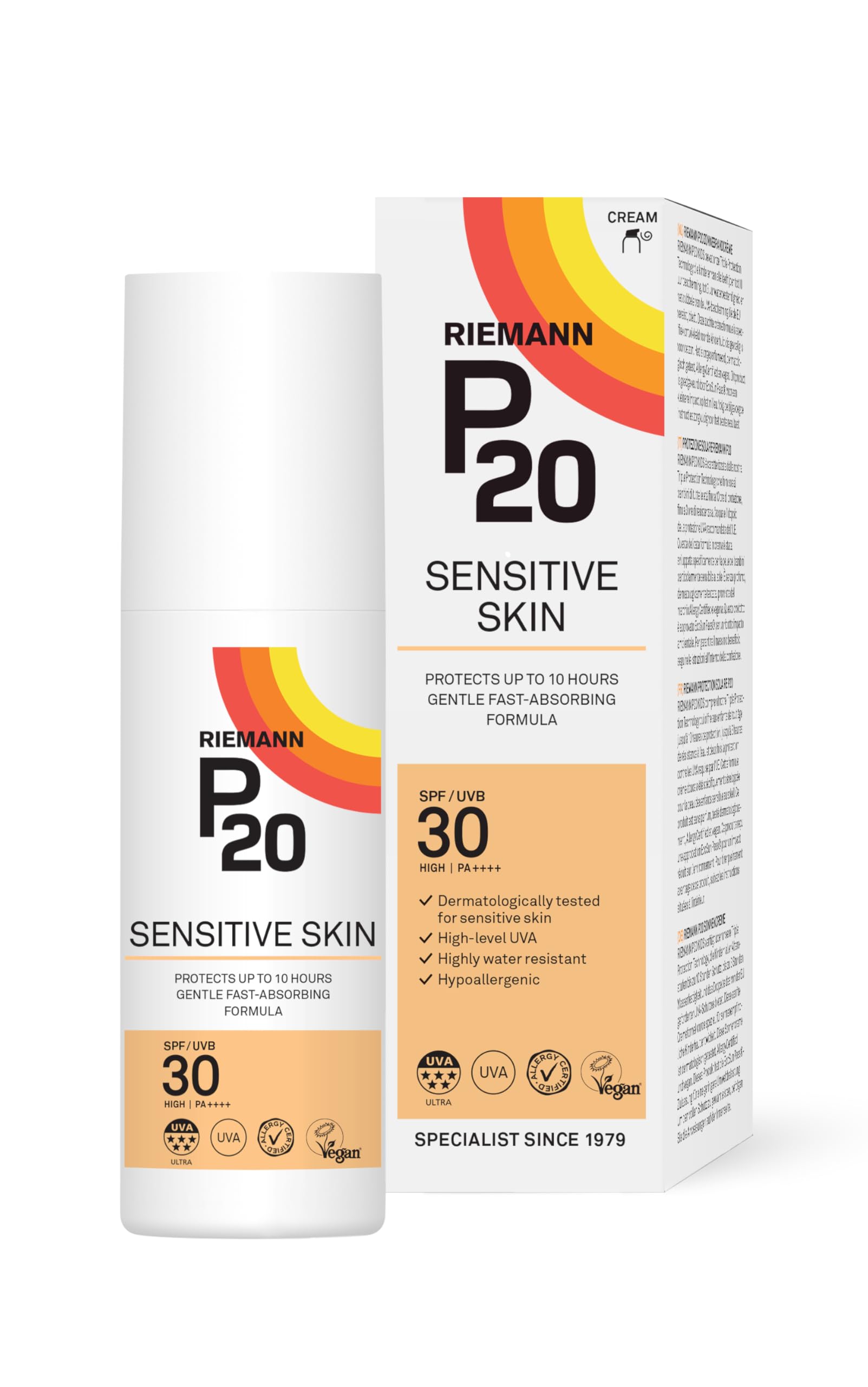 RIEMANN P20 SPF30 Sensitive Sun Cream 100ml, High Level UVA Protection for up to 10 Hours, Allergy Certification, Water Resistant, Durable & Long Lasting, Sweat Resistant