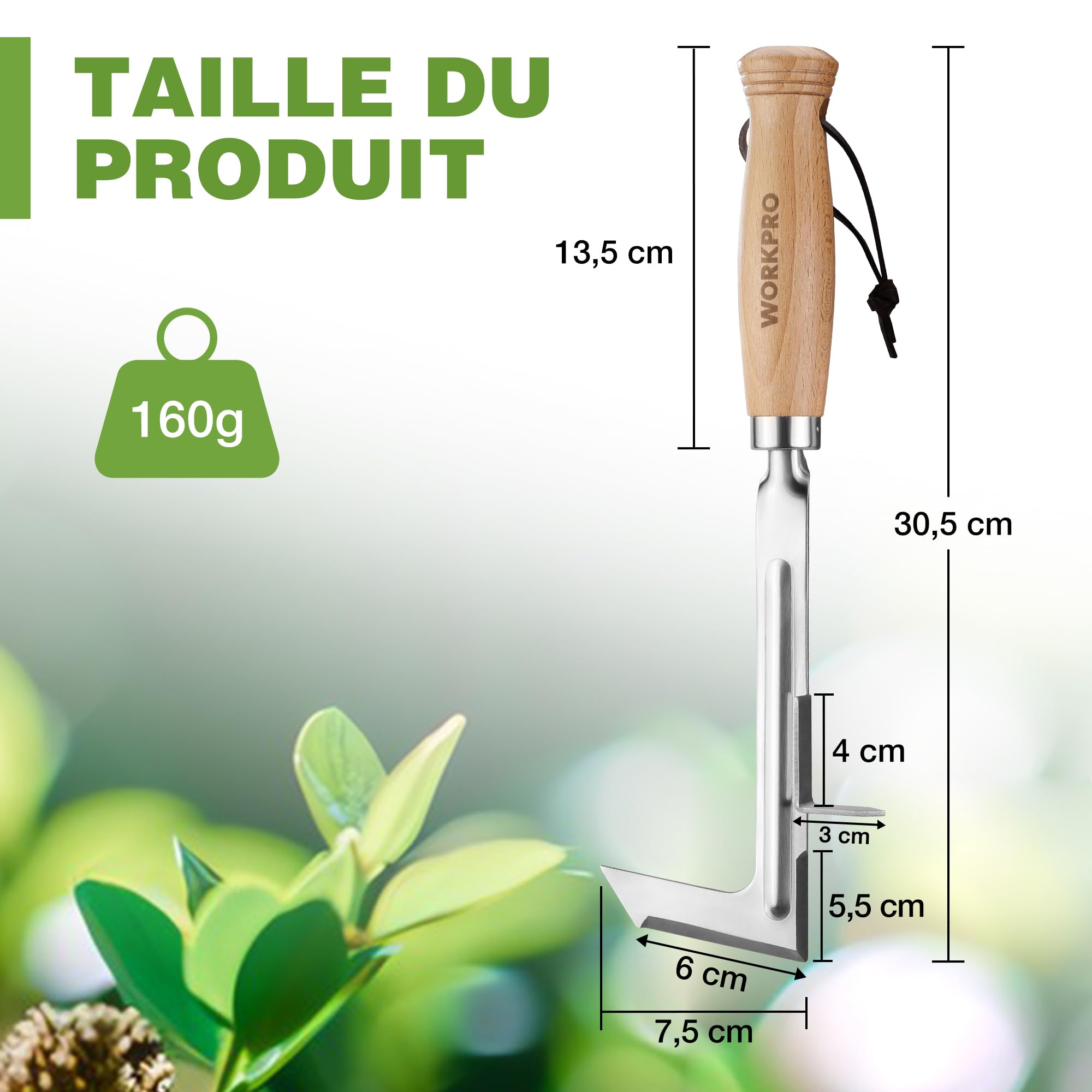Image secondaire de Désherbeur en Acier Inoxydable WORKPRO avec Manche en Bois - Outil de Jardinage Précis