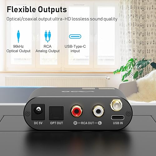 Miniatura 6 de YMOO Receptor DAC Bluetooth 5.1, LDAC Aptx 30 ms baja latencia, entrada óptica coaxial RCA 0.138 in Jack Hi-Res, adaptador de audio inalámbrico sin