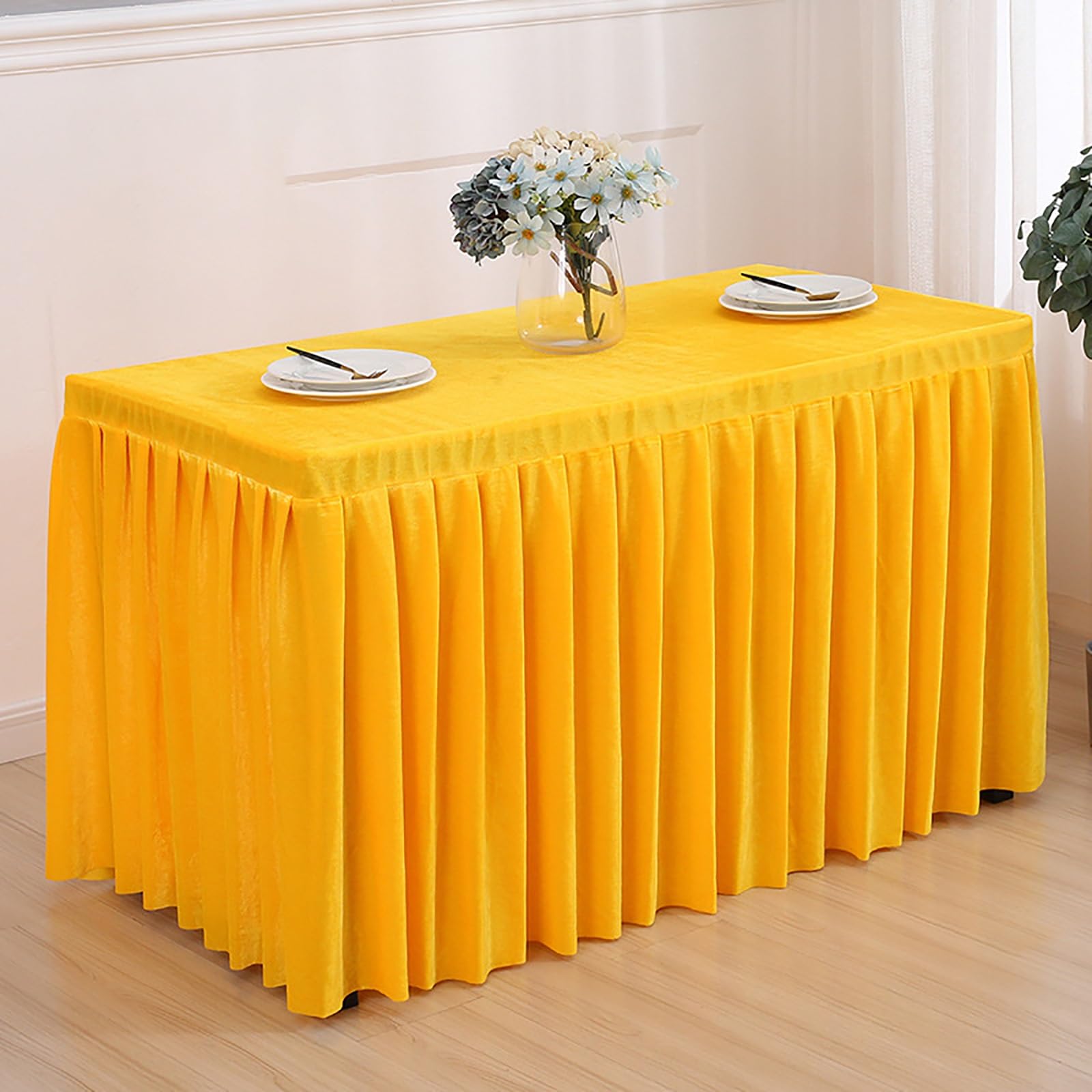 Gelber Samt-Tischrock, waschbar, knitterfrei, Tischdecke für Hochzeiten, Partys und Veranstaltungen, wiederverwendbarer Schreibtischrock, 160 x 60 x 75 cm, perfekt für Bankette und Konferenzen