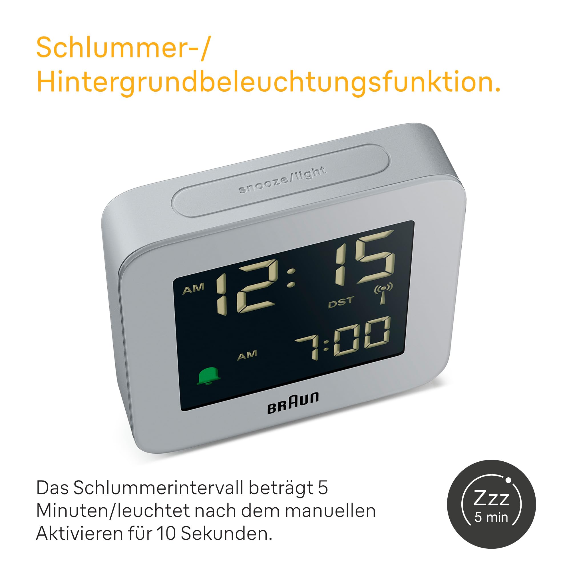 Braun Digitaler Funkwecker für die mitteleuropäische Zeitzone (DCF) mit Schlummerfunktion, LCD-Display, Schnelleinstellung und anschwellendem Alarm-Piepton in Grau, Modell BC09G-DCF.