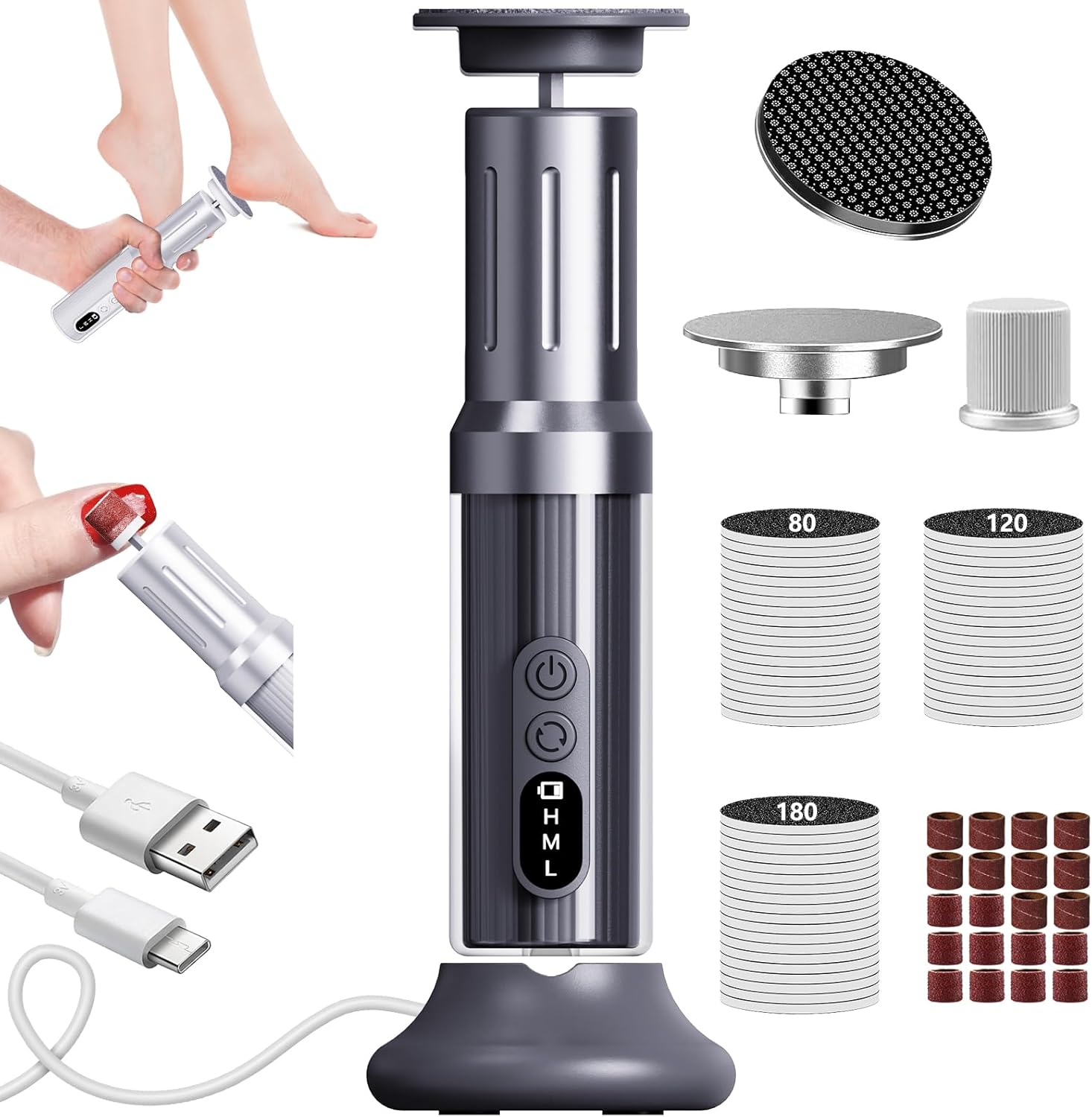 Electric Foot Callus Remover with Nano-Glass Head&Rechargeable Base,6 Speeds Cordless Electric Foot File with Digital Display,Callus Remover for Feet Dead Skin Home Spa Salon with 60Pcs Sandpaper Disk