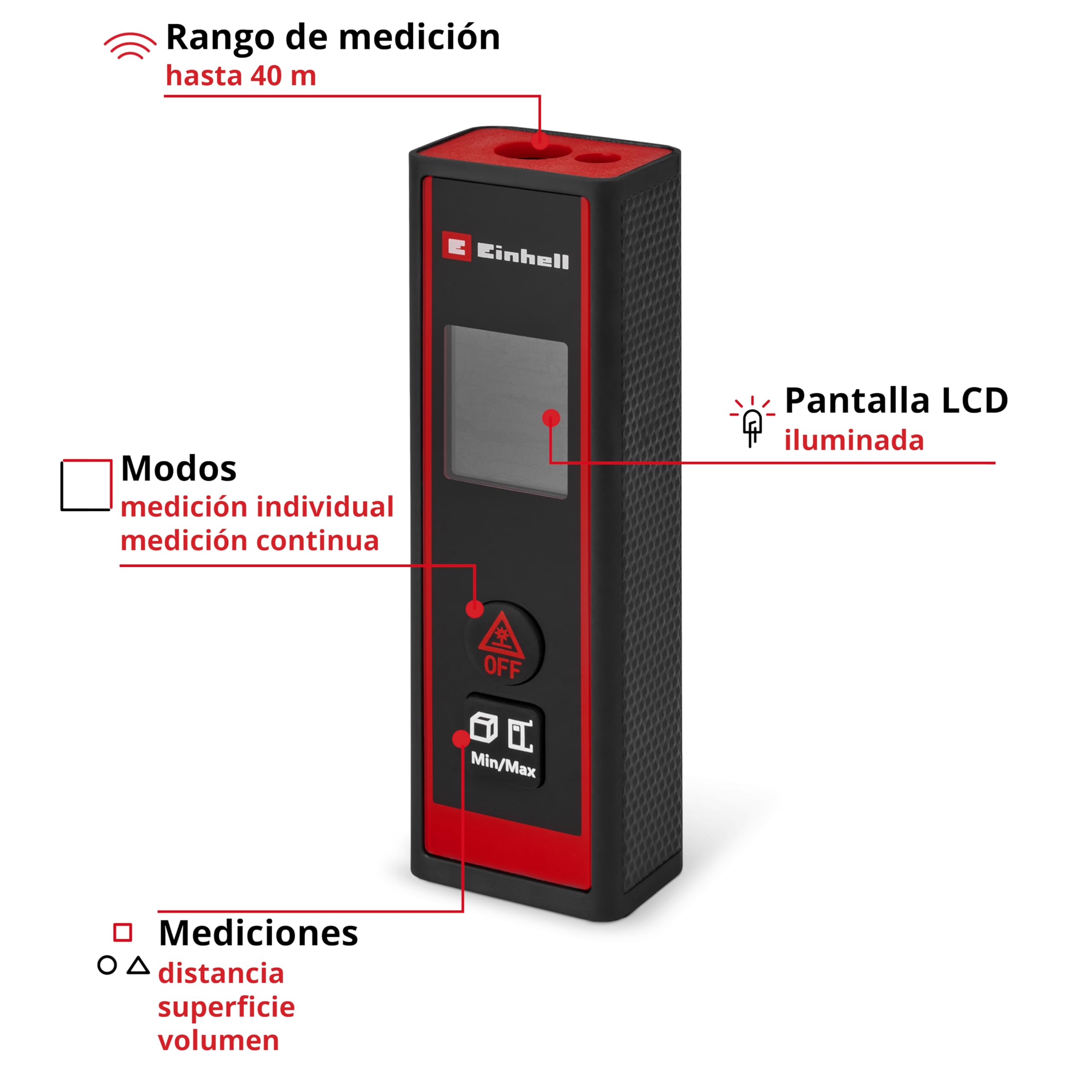 Einhell telémetro láser TC-LD 40 R (40 m máx. rango de medición, modos de medición de distancia, superficie, volumen, medición continua, pantalla LCD, apagado automático, bolsa, sin baterías)
