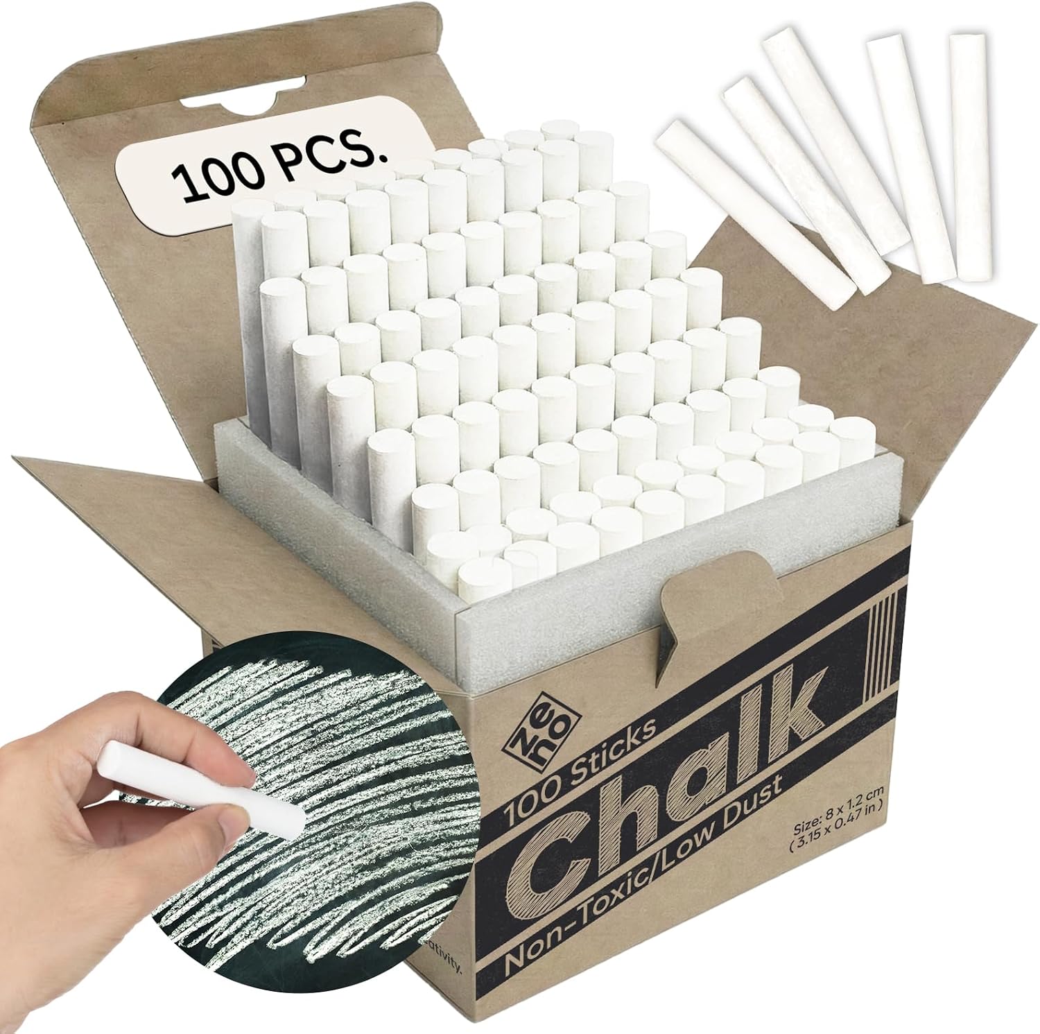 ZENO Chalk for Blackboard – 100 Sticks – White – Non-Toxic, Low Dust – Classroom & School Chalk