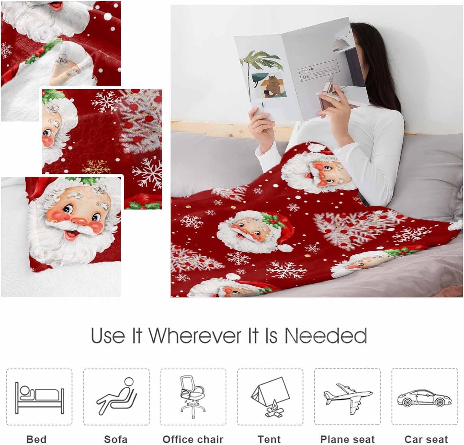Red Christmas Throw Blankets, Santa Claus Merry Christmas Tree Soft Fleece Blanket Decorative for Home Sofa Couch Chair Living Bedroom,40x60 Inches, Winter Snowflake