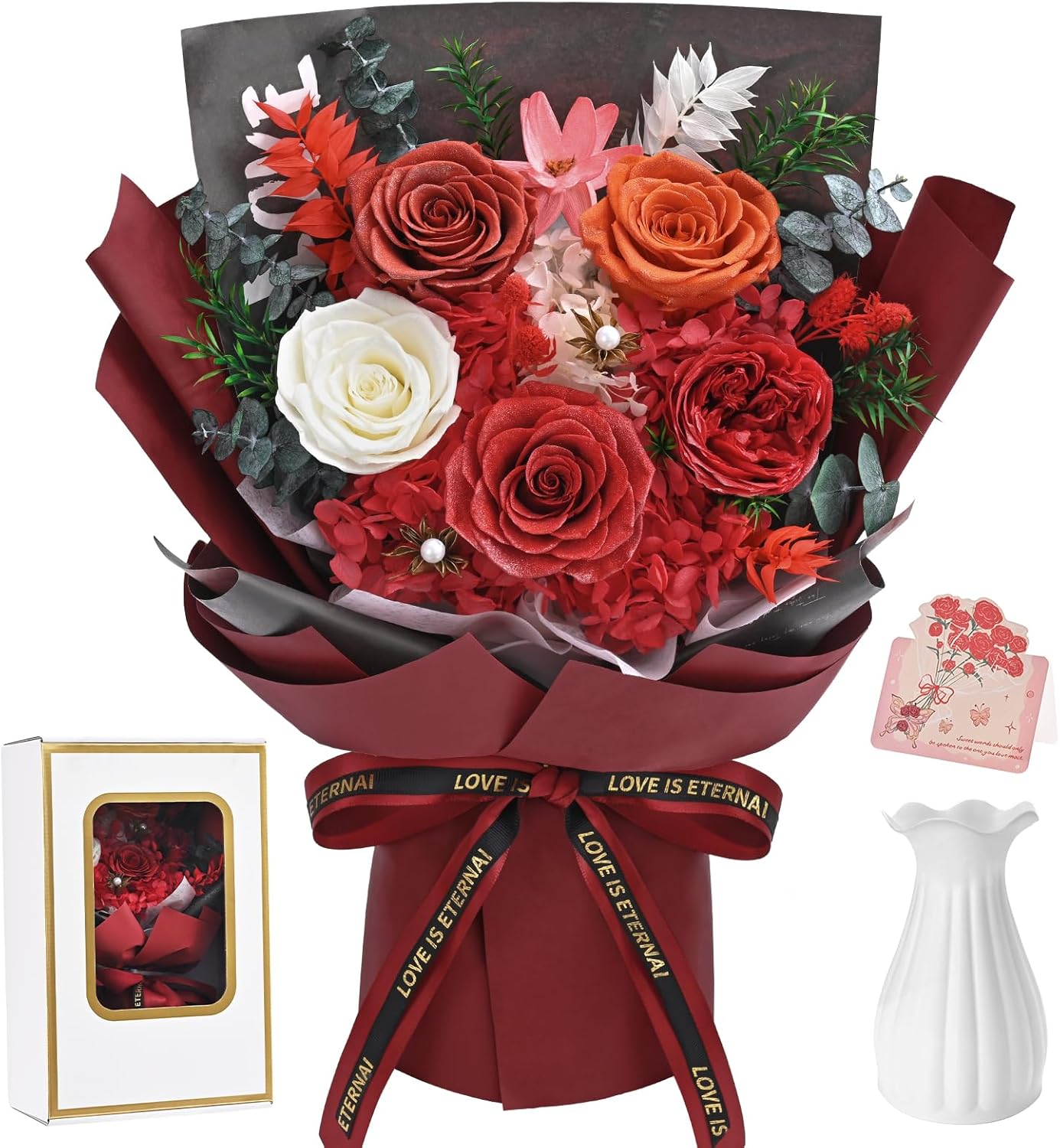 5 Pcs Glitter Red Preserved Roses Flowers Bouquet, Forever Rose Flowers for Delivery, Valentines Day Gifts for Her Women, Long-Lasting Red Roses with Vase Gift Box, Forever Flowers for Wife Mom