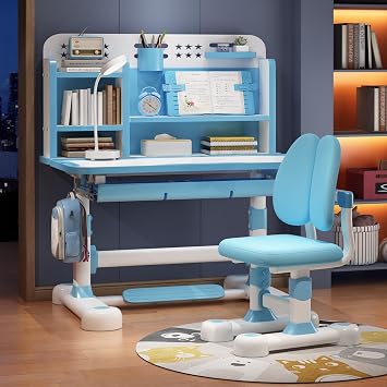 Kids Functional Desk and Chair Set, Height Adjustable Children Study Desk with Storage Drawer, Bookstand, Castle Backboard, Widened Desktop Learning Desks for Girls Boys School Home BluePro