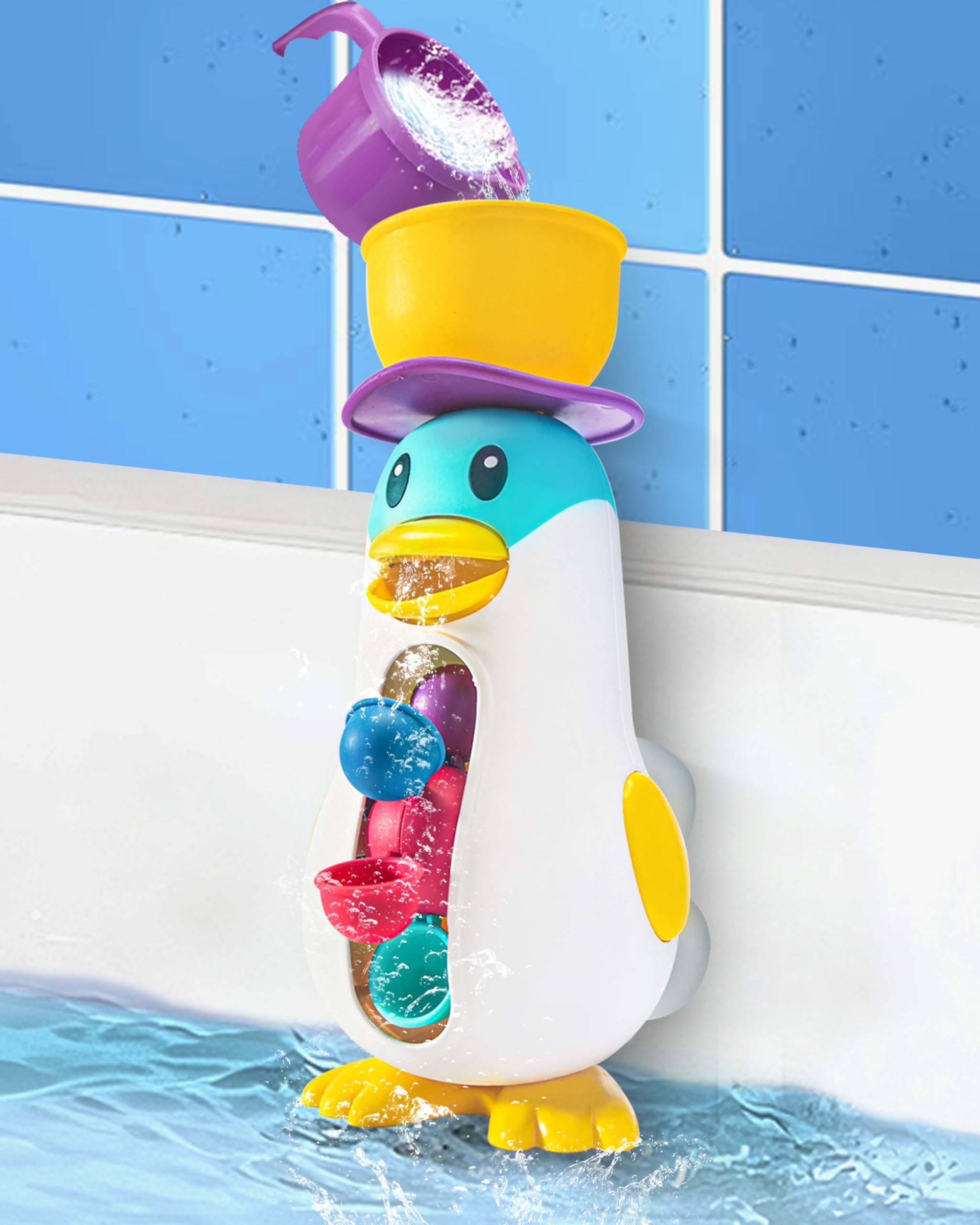Juguete de baño para bebé, juguetes de bañera para niños pequeños con ventosas, juguetes de baño de pingüinos con rueda de agua giratoria, regalo de cumpleaños para niños y niñas
