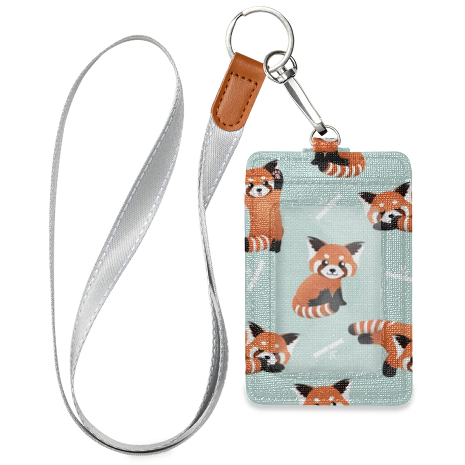xigua Cute Red Panda Leather ID Badge Holder Wallet with 1 ID Window,2 Cards Slot and Neck Lanyard/Strap