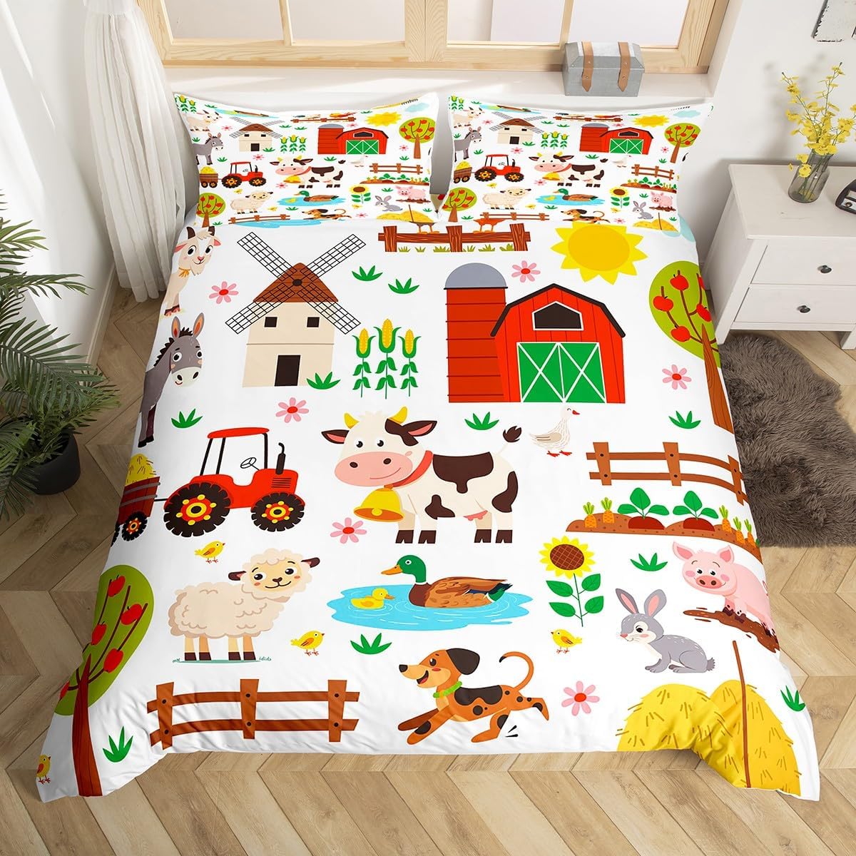 Feelyou Cartoon Tractor Bedding Set Twin Size, Cute Farm Animals Comforter Cover Kids Toddler Farmhouse Duvet Cover Cute Farm Animals Bedspread Cover 2Pcs with 1 Pillow Case (No Comforter)