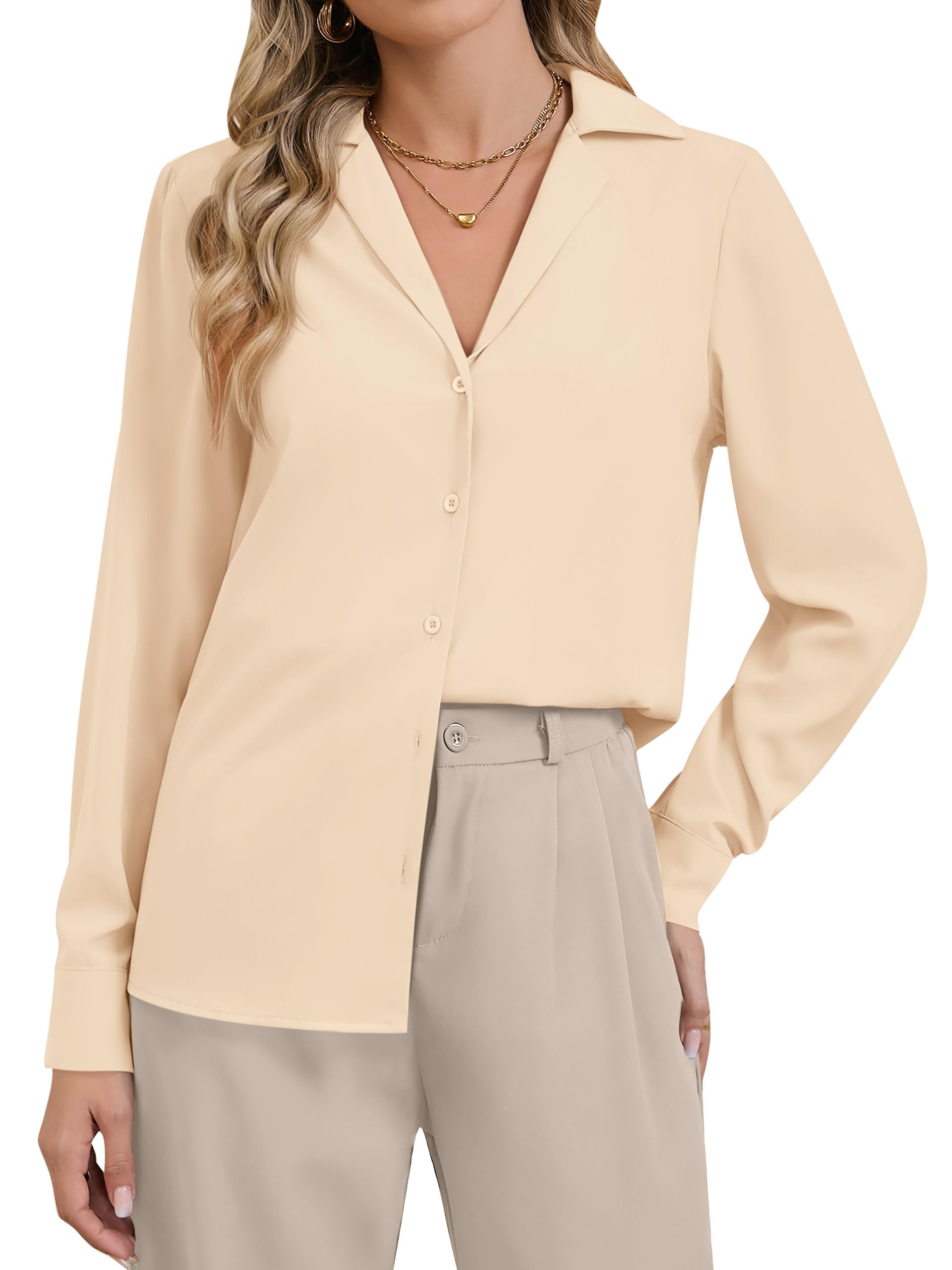 Blusa informal de negocios para mujer, elegante, de seda satinada, manga larga, con botones, cuello de solapa, cuello en V, blusas de trabajo de gasa