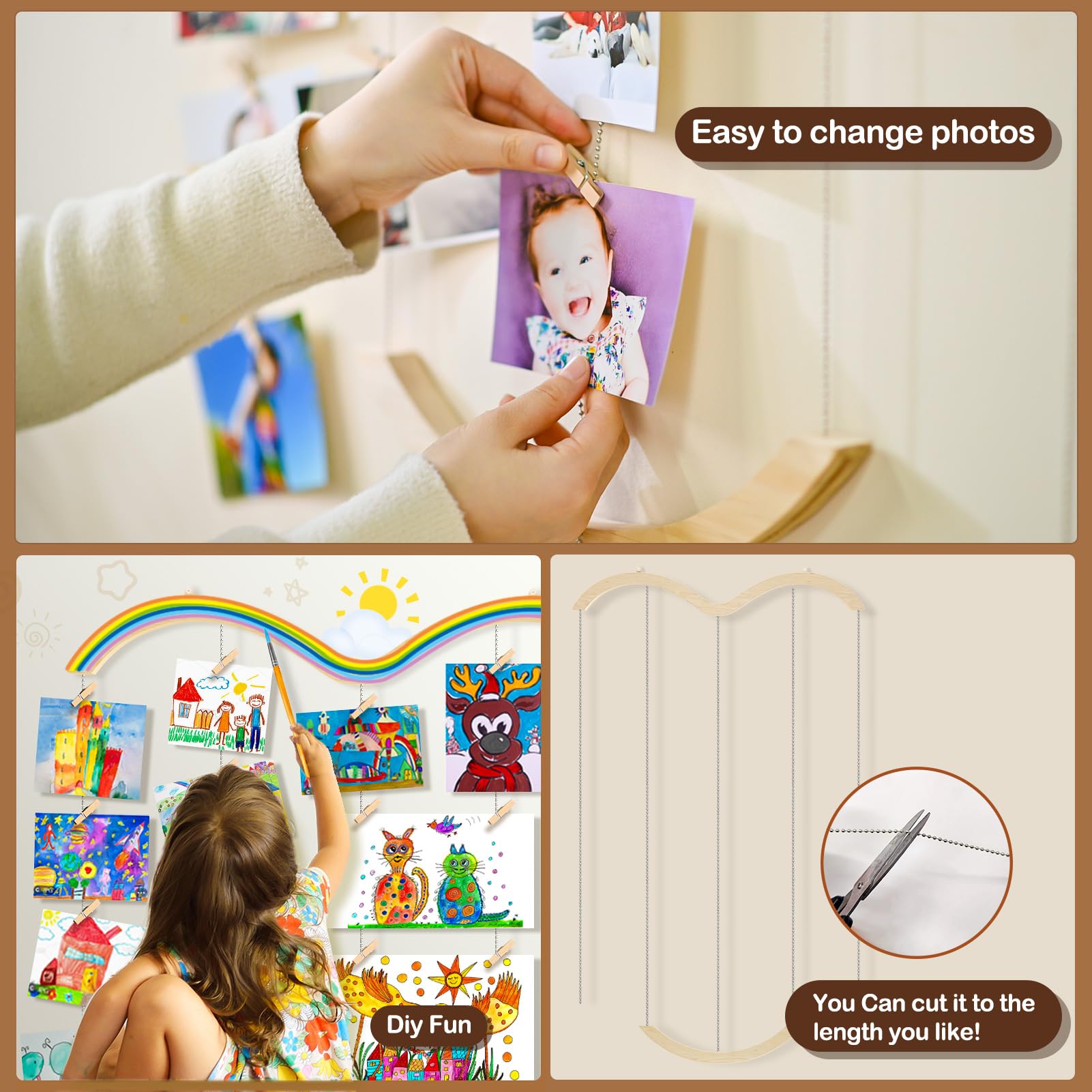 Uping Cadre Photo Pêle-Mêle Mural En Bois - Porte-Photos à Pinces Ajustable, Décoration Murale Boho Chic
