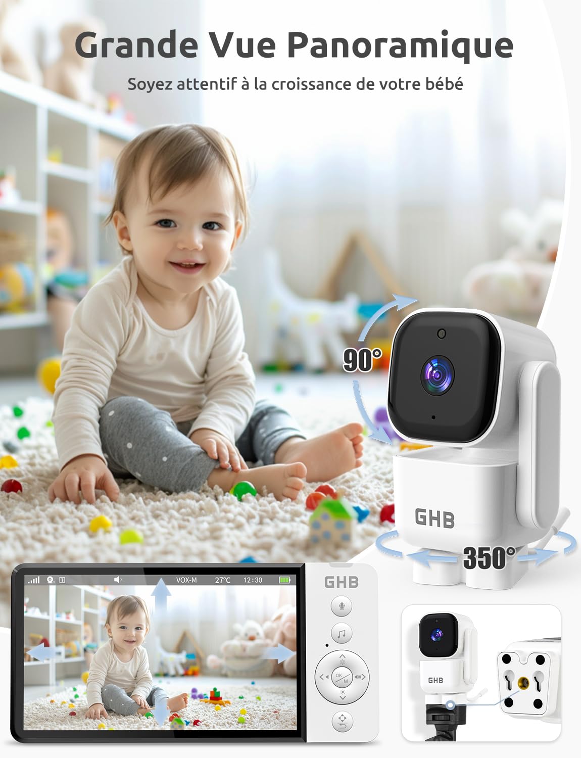 GHB Babyphone Camera 5" Rotation de 350° Camera Bebe Surveillance Vision Nocturne 720P 2,4 GHz sans Wi-FI VOX Capteur de Température Communication Bidirectionnelle 8 Berceuses