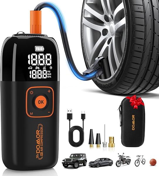 Cordless Tyre Inflator, Car Tyre Inflator Air Compressor, Portable USB Rechargeable Electric Bike Pump 150 PSI, Tyre Pump with Pressure Gauge for Car Tire, Bike, Motorbike, Ball - 1