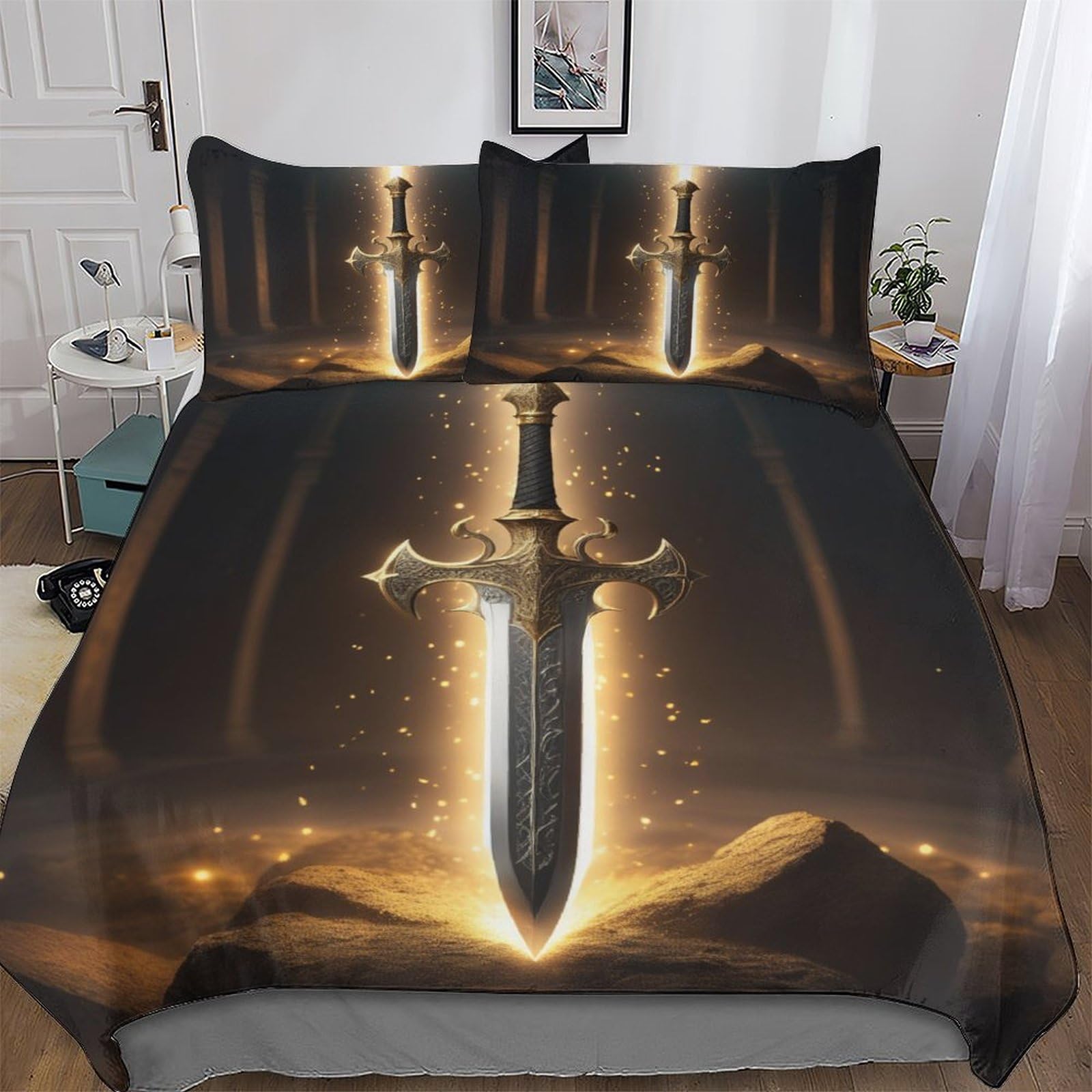 LLXXHH Ancient Sword Bedding Set Duvet Cover 2 PCs With Pillowcases Soft Microfiber Quilt Cover Suitable for Children Teens Adults Single(135x200cm)