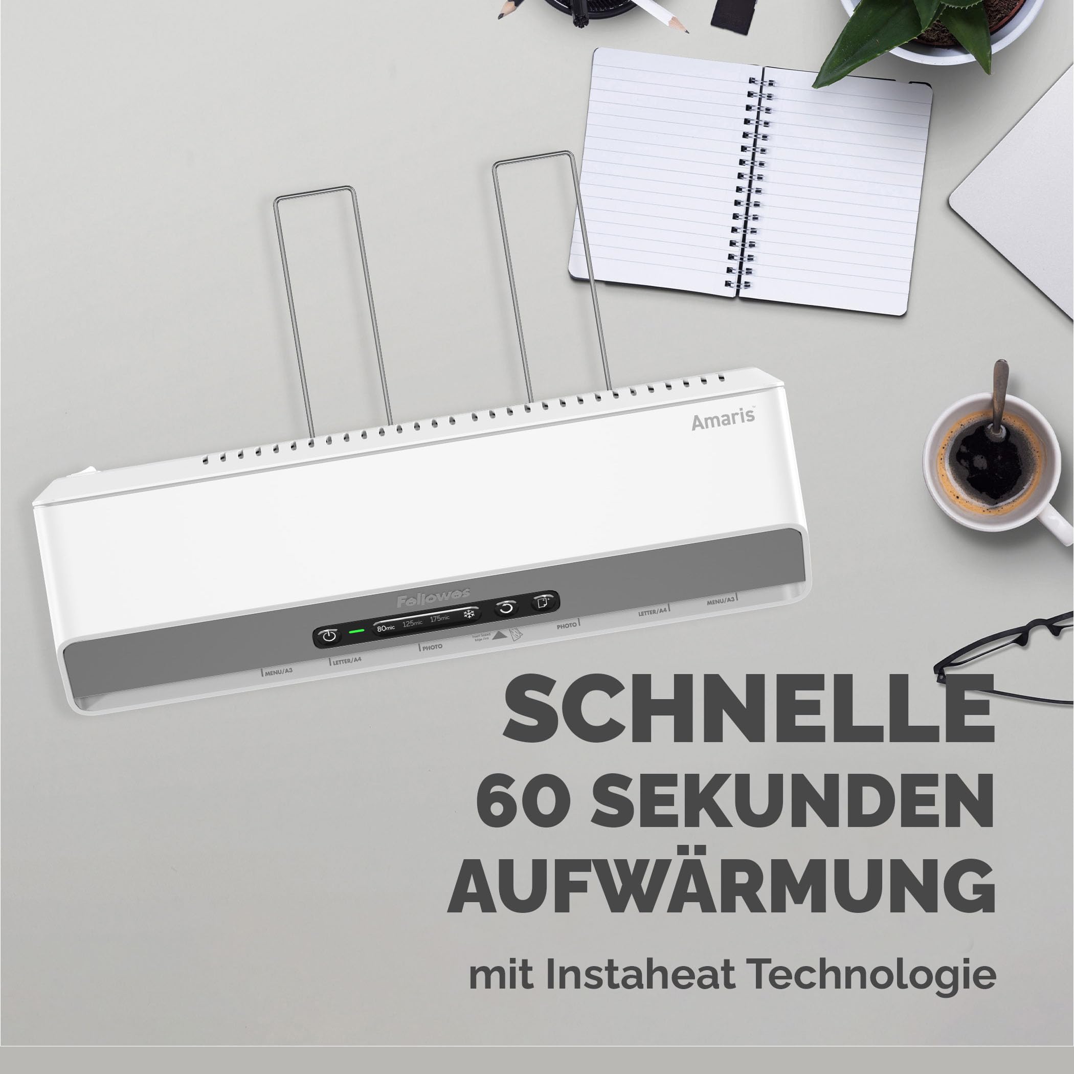 Fellowes Laminiergerät Amaris A3 - für Büro/Schule/Zuhause - nur 1 Minute Aufwärmzeit - für Heißlaminierfolien von 80-175mic - mit Rücklauf-Funktion - inkl. Starterset für 10 Laminationen