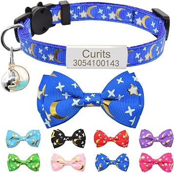 Personalized Cat Collar with Name Tag & Bell,Custom Cute Stars Moons Kitten Collar with Nameplate,Adjustable Safety Breakaway Cat Collars with Bow Tie fit 8.0-11.0,Blue