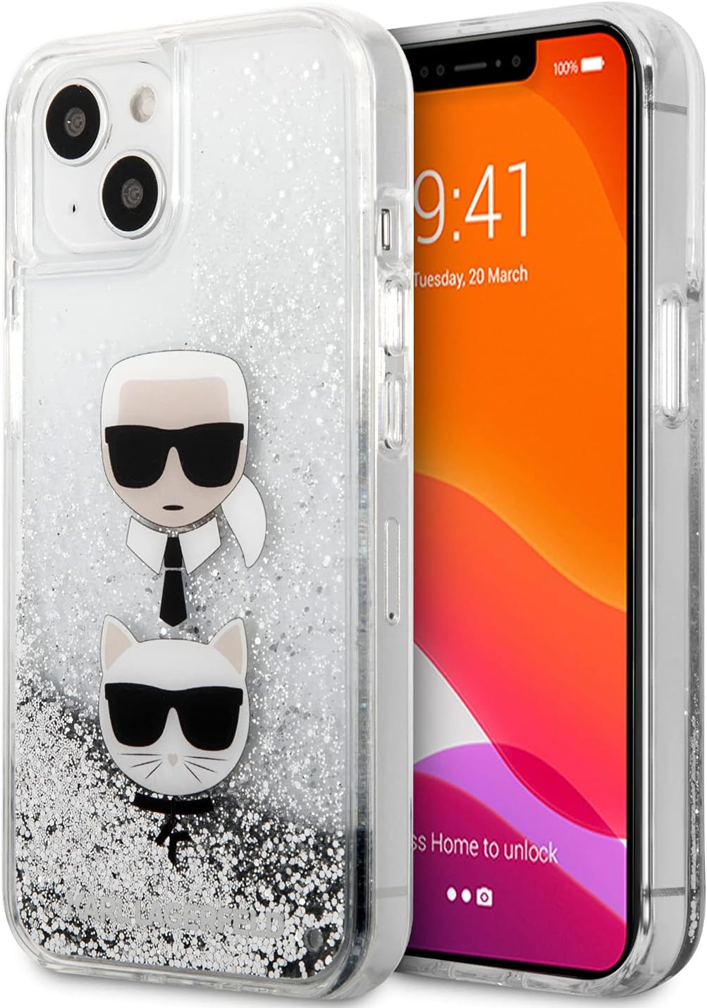 CG MOBILEKarl Lagerfeld Liquid Glitter Case And Karl And Choupette Head Compatible with iPhone 13 Durable, Shockproof, Bumper Protection, Anti-Scratch - Silver