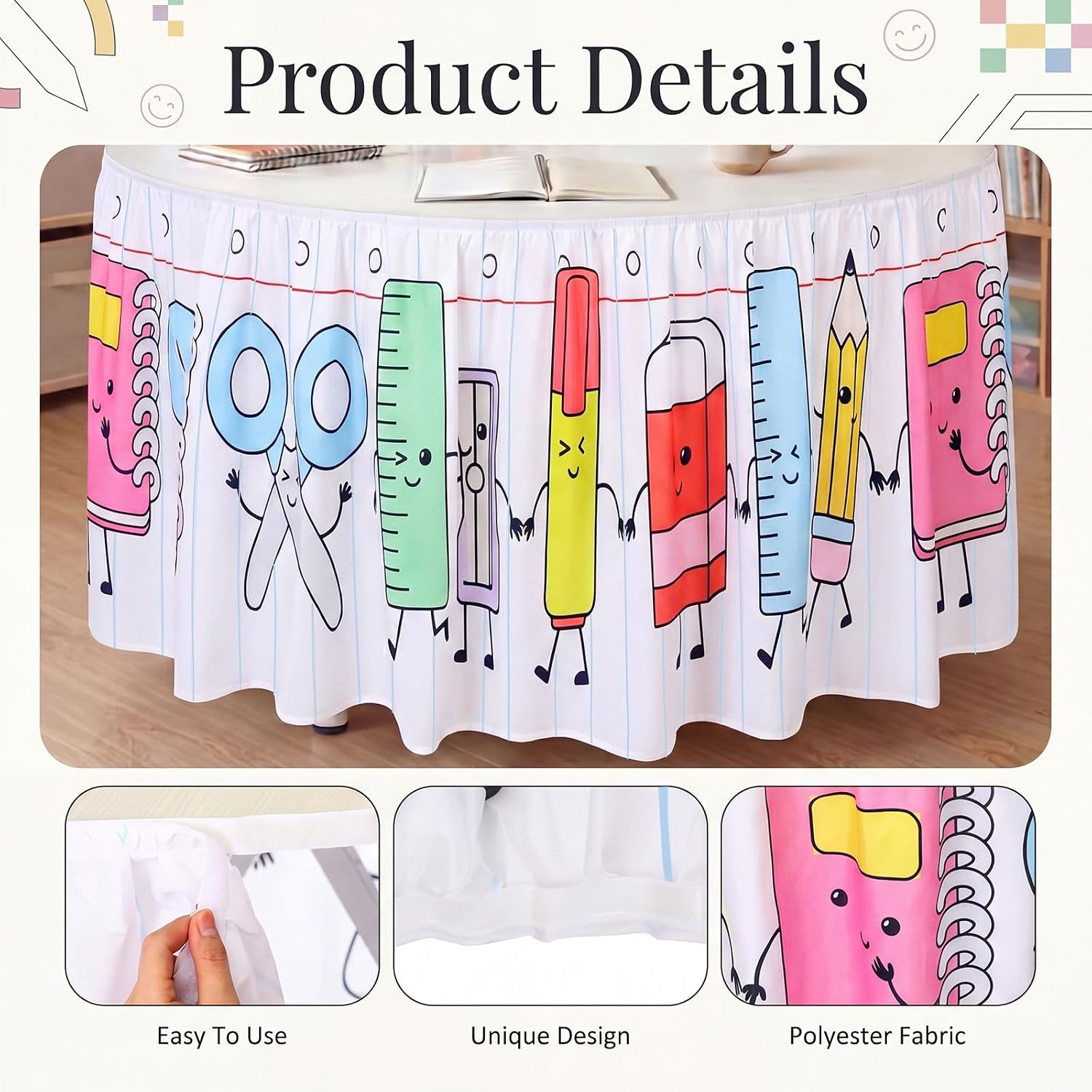 Breling 14 Ft Composition Notebook Table Skirt Black and White Tablecloth Ruffle Teacher Desk Skirt for Classroom Office Back to School Party Decorations(Stationery)