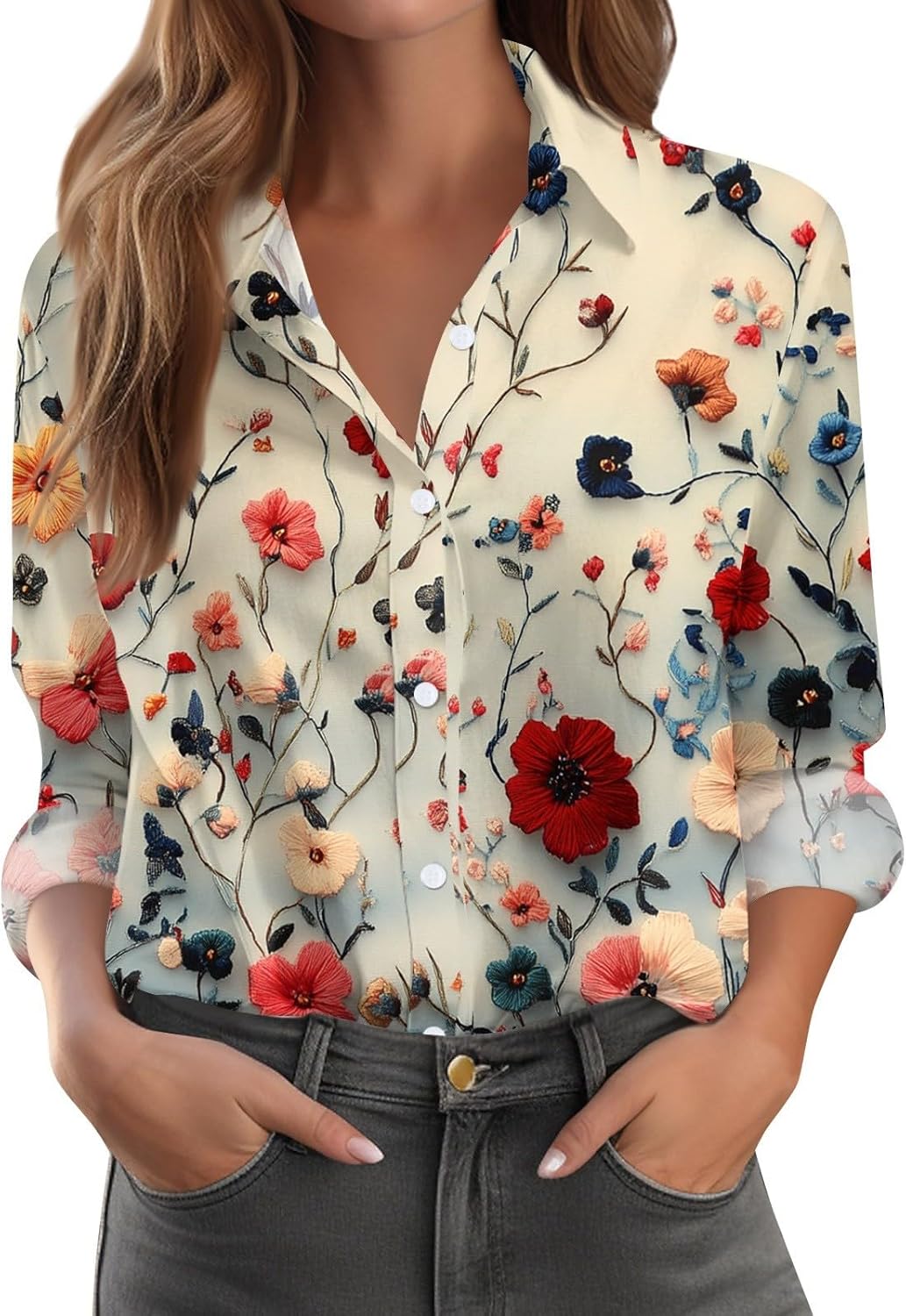 Button Down Shirts for Women Dressy Floral Printed Long Sleeve Blouse Business Casual Work Tops