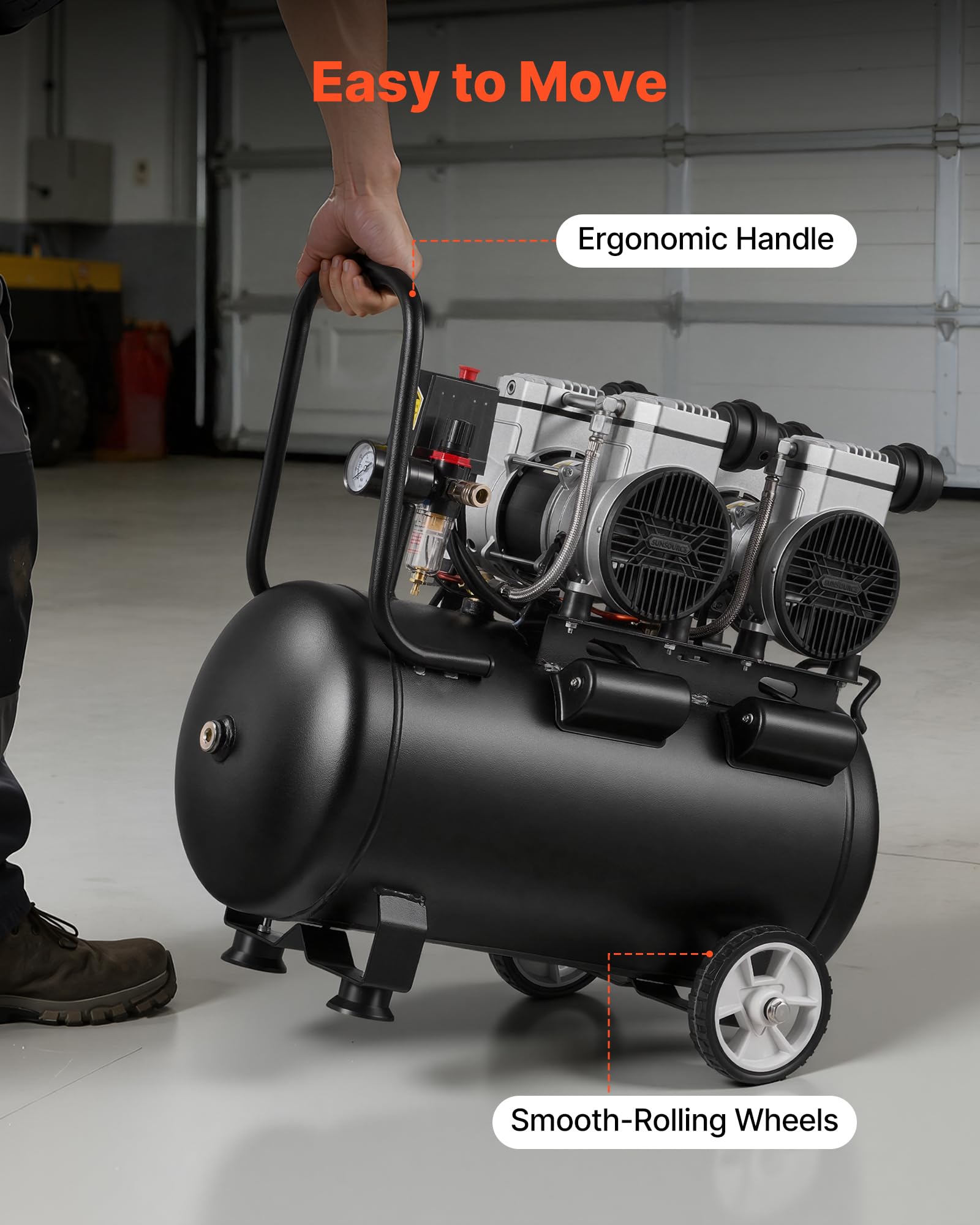 VEVOR Compressore d'Aria 50 L, 3 kW (4HP), Senza Olio, Portata 255 L/min, Pressione Massima 8 Bar, Compatto e con Ruote, per Officina, Gonfiaggio Pneumatici, Verniciatura e Lavorazione del Legno