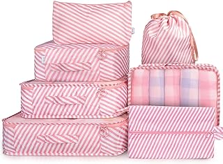 House of Quirk Nylon 7 Set Travel Organizer Bag 3 Packing Cubes + 3 Pouches + 1 Toiletry Organizer Bag, (Pink Stripes), 31...