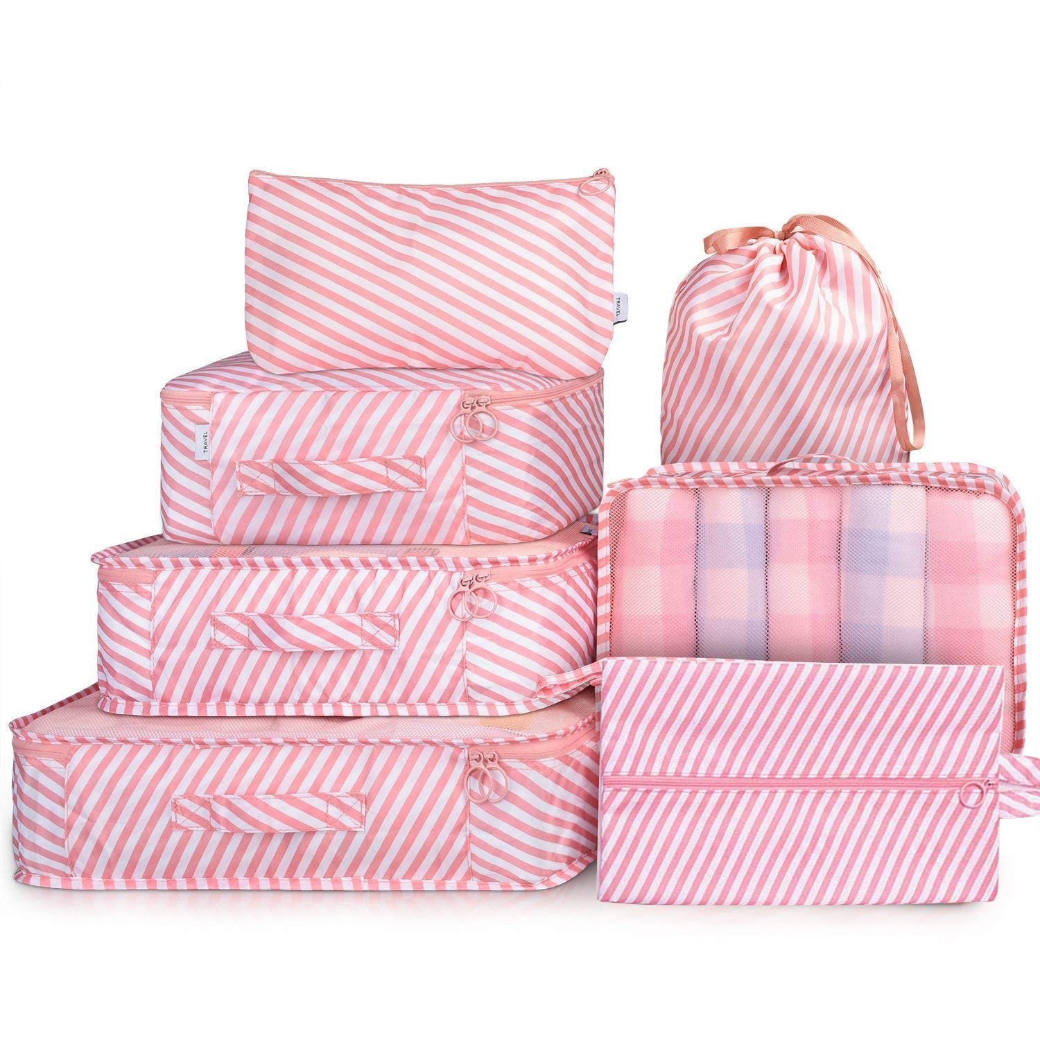 House of Quirk Nylon 7 Set Travel Organizer Bag 3 Packing Cubes + 3 Pouches + 1 Toiletry Organizer Bag, (Pink Stripes), 31 Centimeters (B07FTP8WD5) Amazon Price History, Amazon Price Tracker