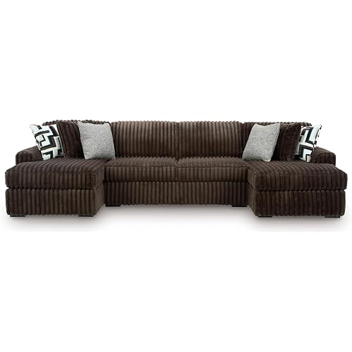 Signature Design by Ashley Midnight-Madness Sectional, U-Shape 3-Piece Double Chaise, Plush Jumbo Corduroy Upholstery, Oversized Lounging for Family Movie Nights, 150" W, Chocolate Brown