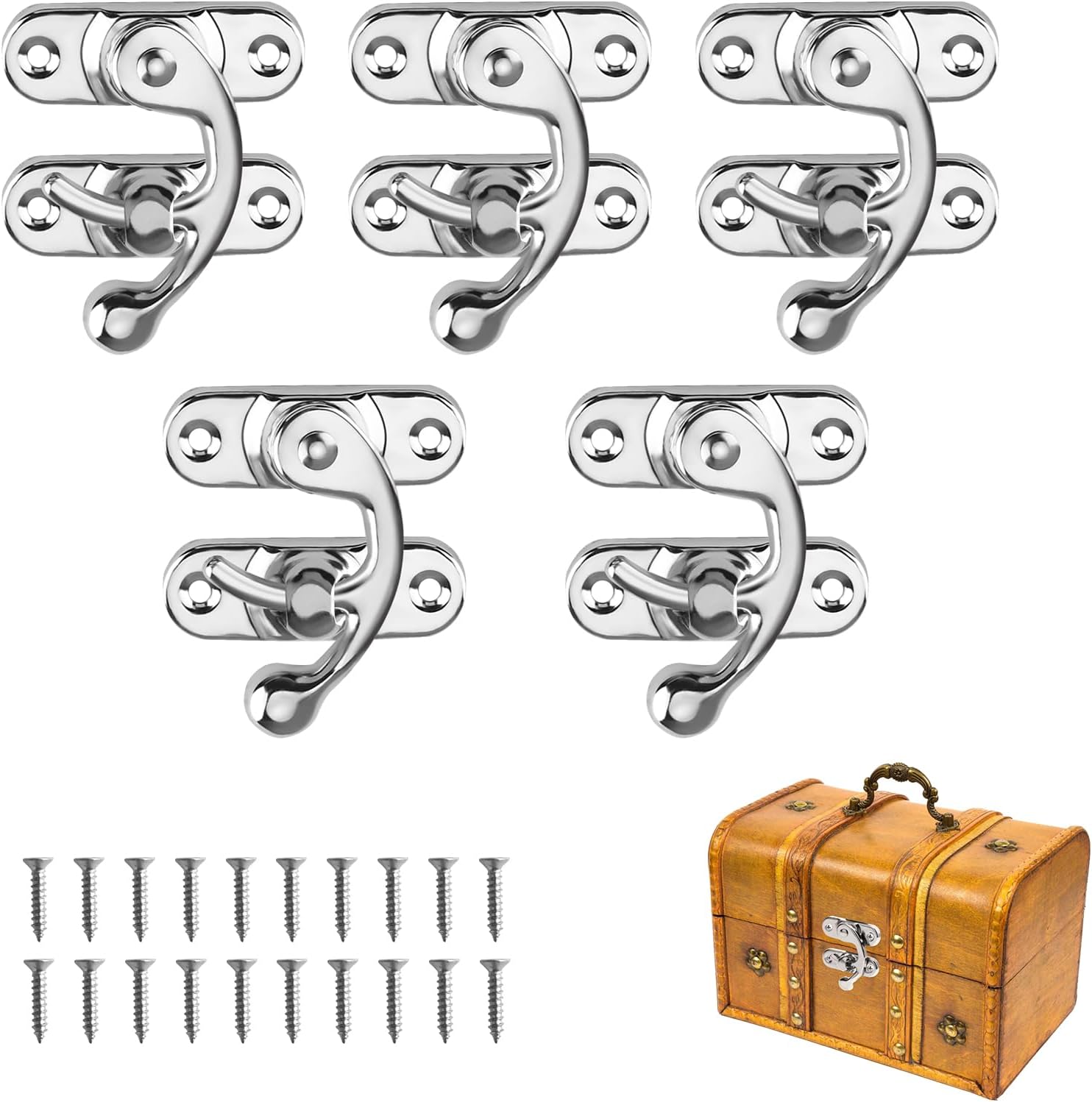 Taoduod 5 PC Antique Lock Clasp 42*36mm Right Latch Hook Hasp with Screws Swing Arm Latch Plated Silver Tone Right Latch Hook Hasp Retro Style Iron Horn Lock for Cabinets Storage Boxes Leather Goods