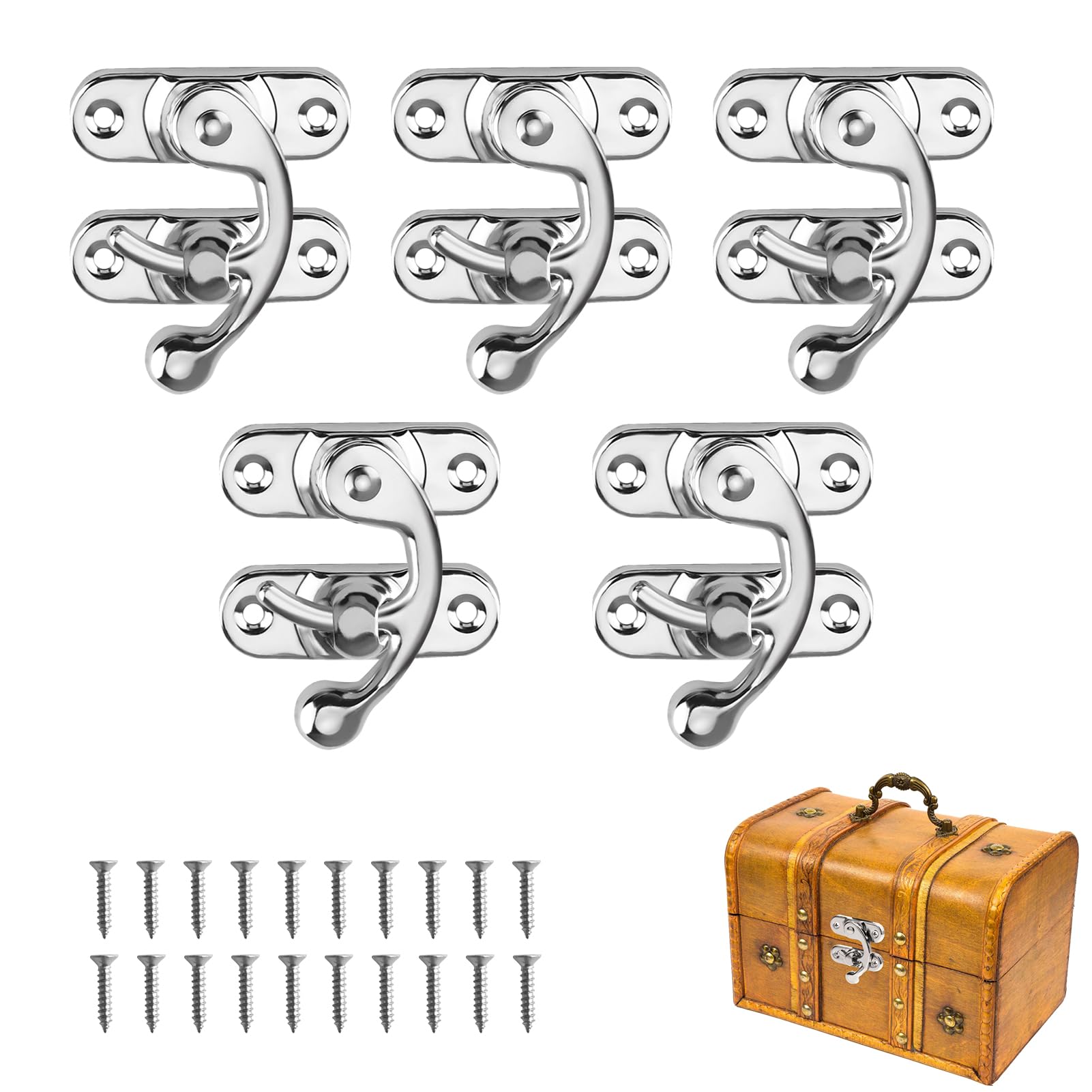 Taoduod 5 PC Antique Lock Clasp 42*36mm Right Latch Hook Hasp with Screws Swing Arm Latch Plated Silver Tone Right Latch Hook Hasp Retro Style Iron Horn Lock for Cabinets Storage Boxes Leather Goods