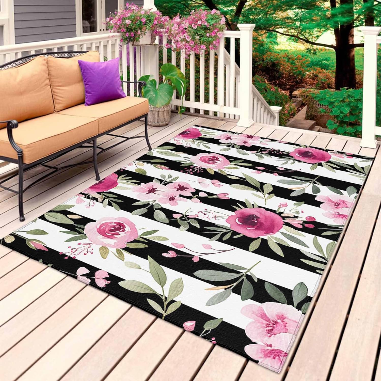 Outdoor Patio Rugs Pink Flowers Illustration Outdoor Area Rug Black and White Stripe Non-Slip Backyard/Camping RV Rug/Deck/Porch Rug Front Door Floor Mat Carpet,4x6ft,