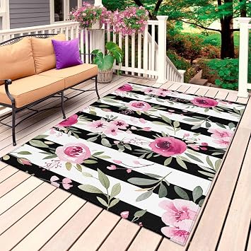 Outdoor Patio Rugs Pink Flowers Illustration Outdoor Area Rug Black and White Stripe Non-Slip Backyard/Camping RV Rug/Deck/Porch Rug Front Door Floor Mat Carpet,4x6ft,