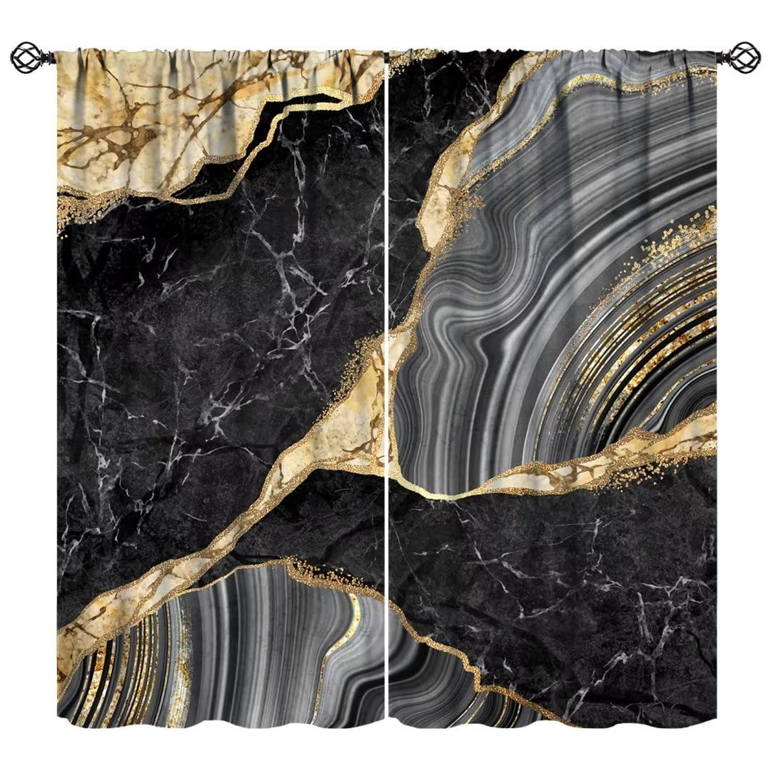 Black Gold Marble Curtains, Crack Ink Texture Luxury Abstract Marble Print Blackout Window Treatments for Living Room Bedroom Kitchen 42x45 Inch