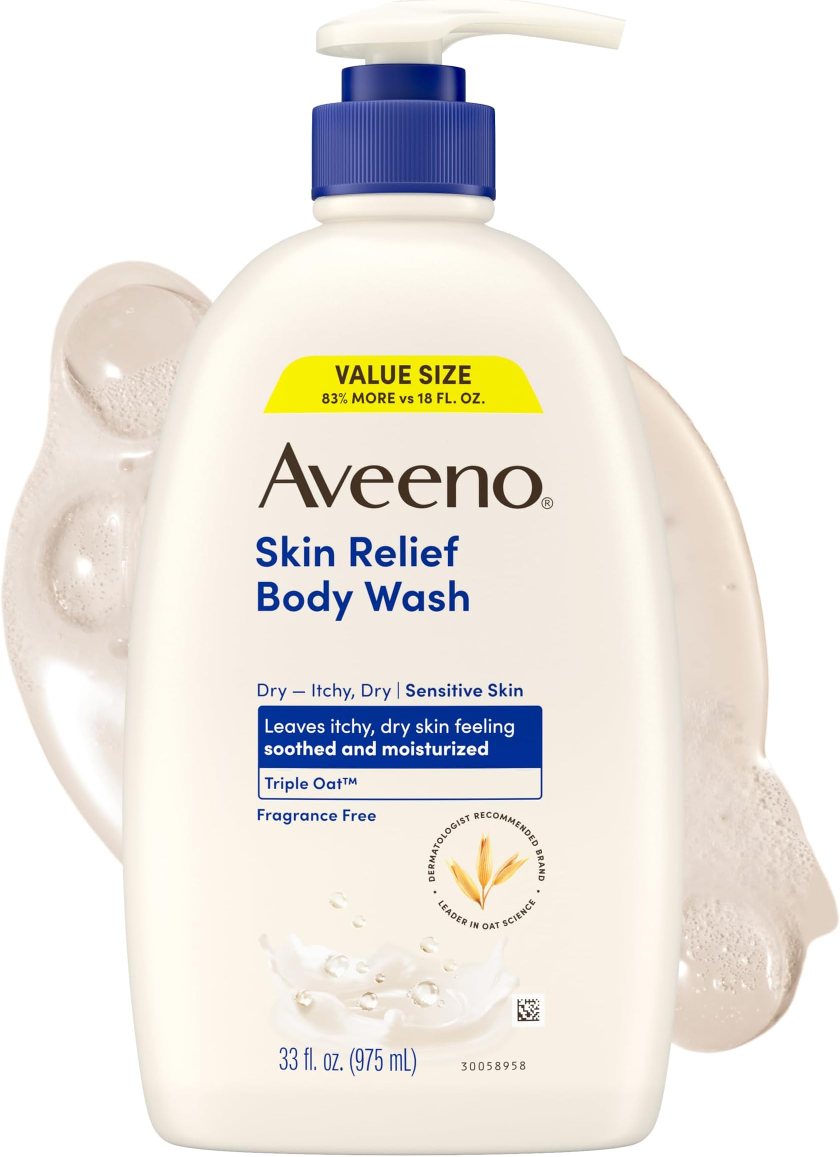 Aveeno Skin Relief Body Wash with Triple Oat Complex, Fragrance-Free, Gentle Daily Body Wash for Sensitive Skin Leaves Itchy, Dry Skin Feeling Soothed & Moisturized, Value Size 33 Fl Oz