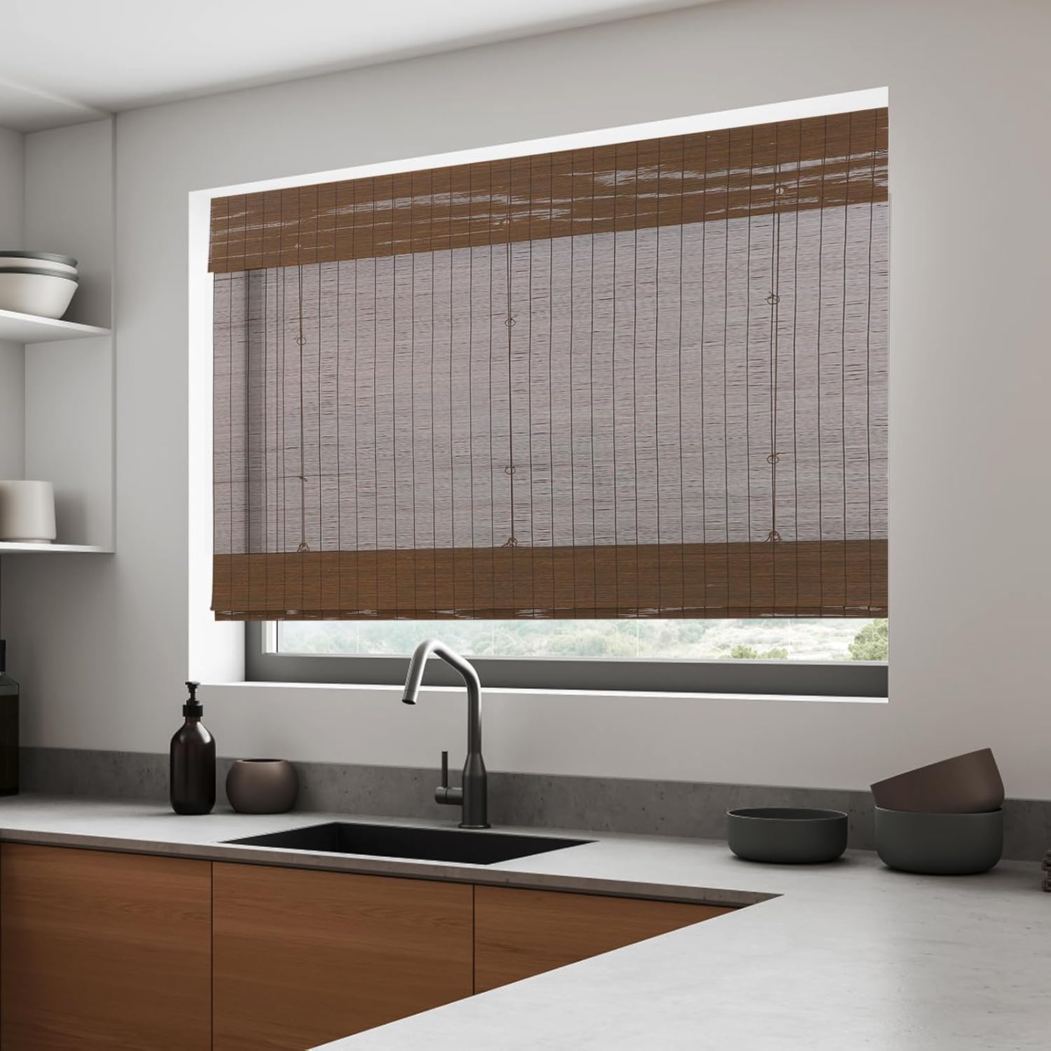Cordless Bamboo Window Roman Shades, Black, Indoor/Outdoor Light Filter/Sheer Wood Window Shades Blinds