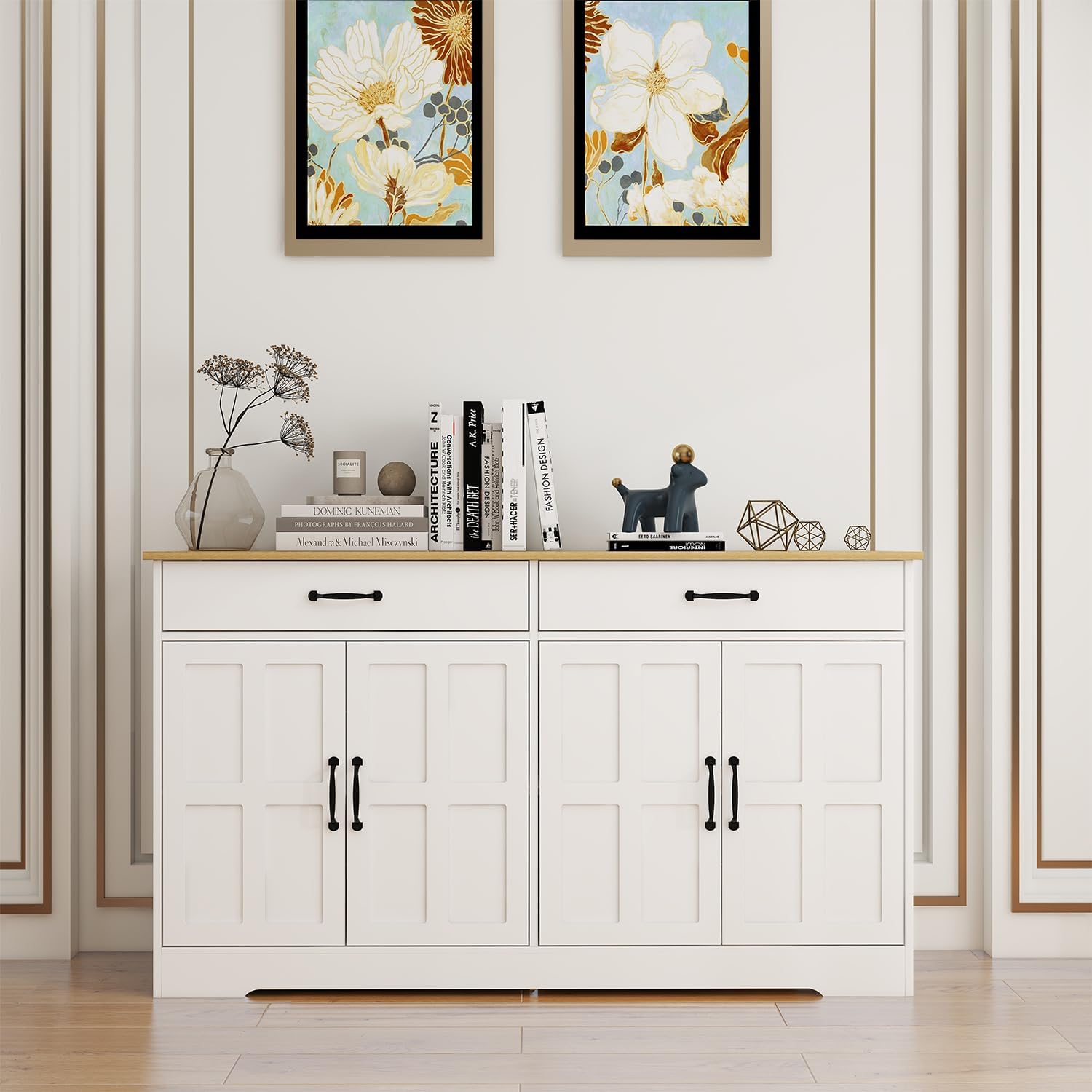 White Buffet Cabinet, Coffee Bar Cabinet with 2 Drawers & 4 Doors, Kitchen Buffet Sideboard for Living Room (15.35" D x 47.95" W x 32.08" H)