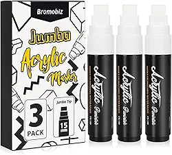 3 marcadores de pôster jumbo brancos, ponta de feltro grossa de 15 mm de largura, marcadores grandes de tinta acrílica para pintura em madeira, pedras, parede, plástico e metal, perfeitos