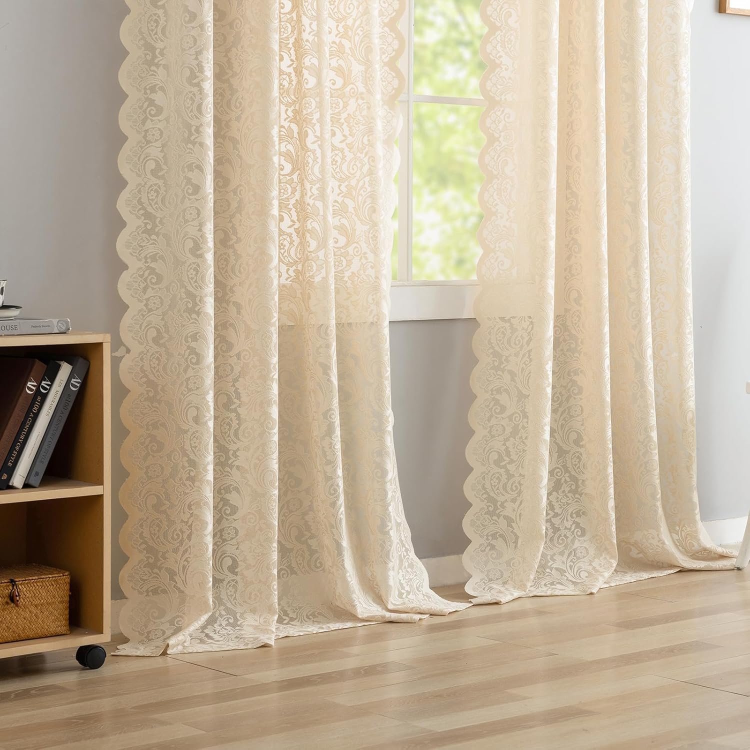 ALIGOGO Beige Sheer Curtains 84 Inches Long 2 Panels - Boho Chic Flower Lace Curtains for Living Room, Farmhouse Scalloped Edegs Natural Beige Drapes Lightweight Privacy Neutral Decor, 52W x 84L Inch