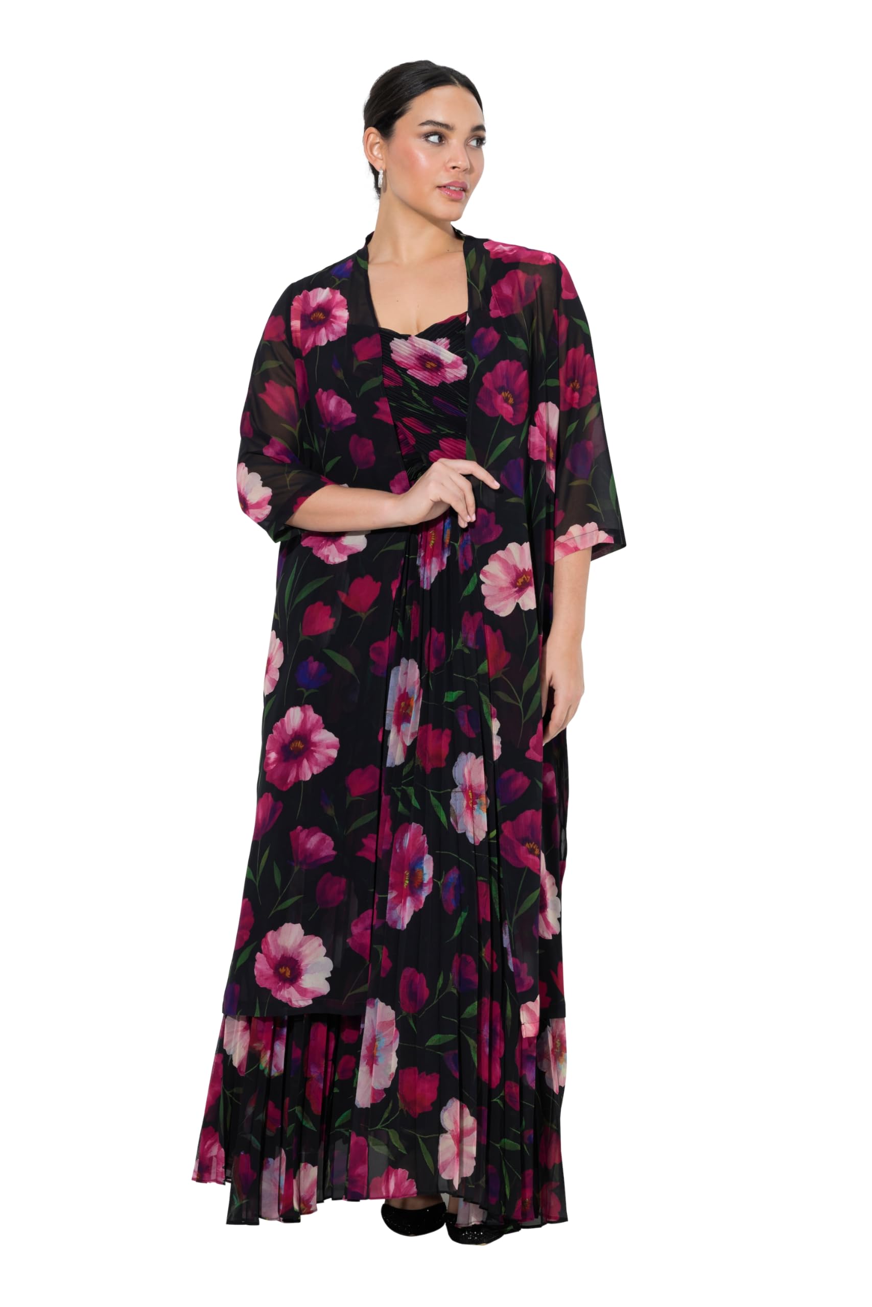 Ulla Popken Damen große Größen Übergrößen Plus Size Chiffonjacke, Blüten, offene Form, Schalkragen, 3/4-Arm 849338