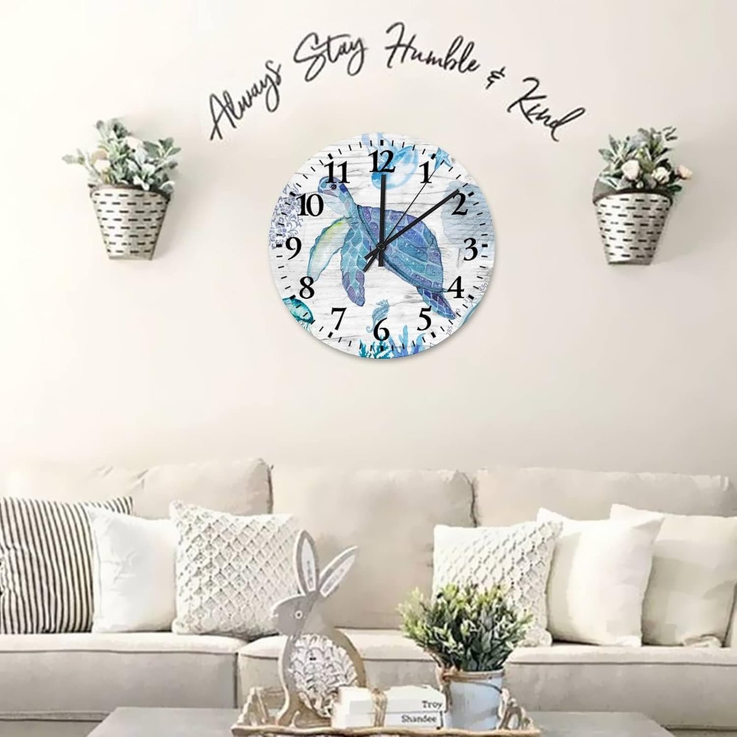 Sea Turtle Wood Wall Clocks 15 Inch, Seashells Sea Themed Wooden Hanging Clock Battery-Powered with Quartz Movement Round Arabic Numeral Clock for Home Office School