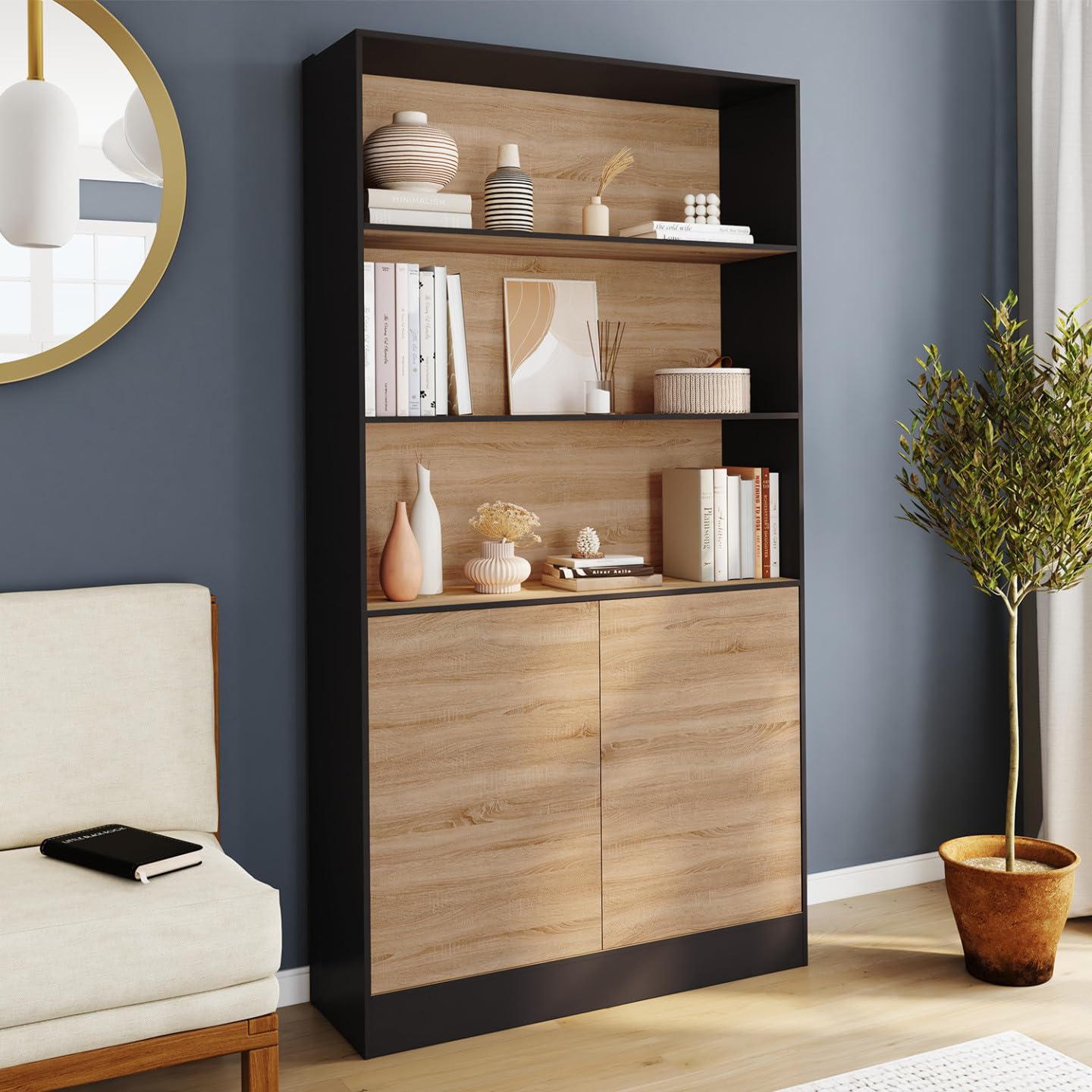 IDMarket - Carla 3 niveles XXL 1 armario negro y efecto madera H.190 cm
